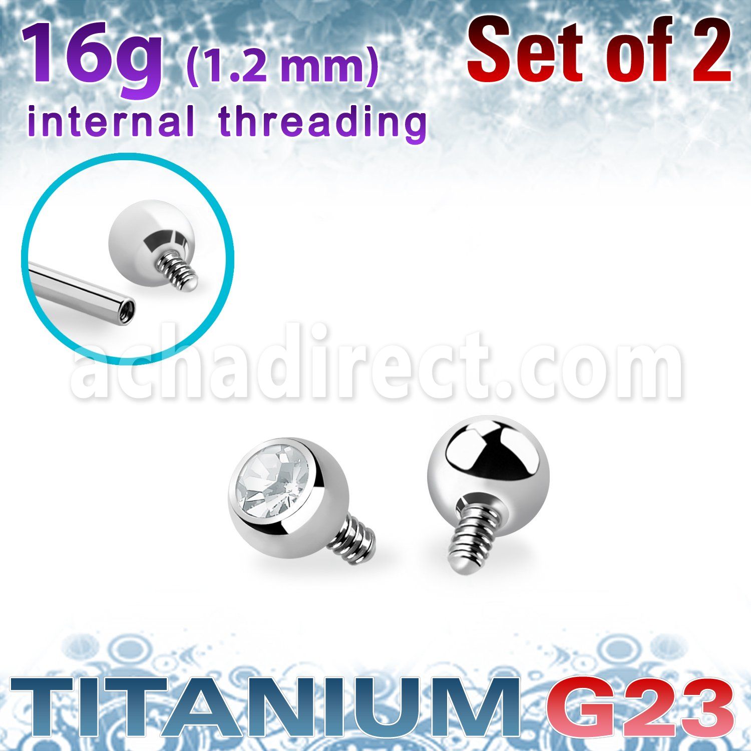 xujb25i titanium g23 ball tops with clear crystal bezel set