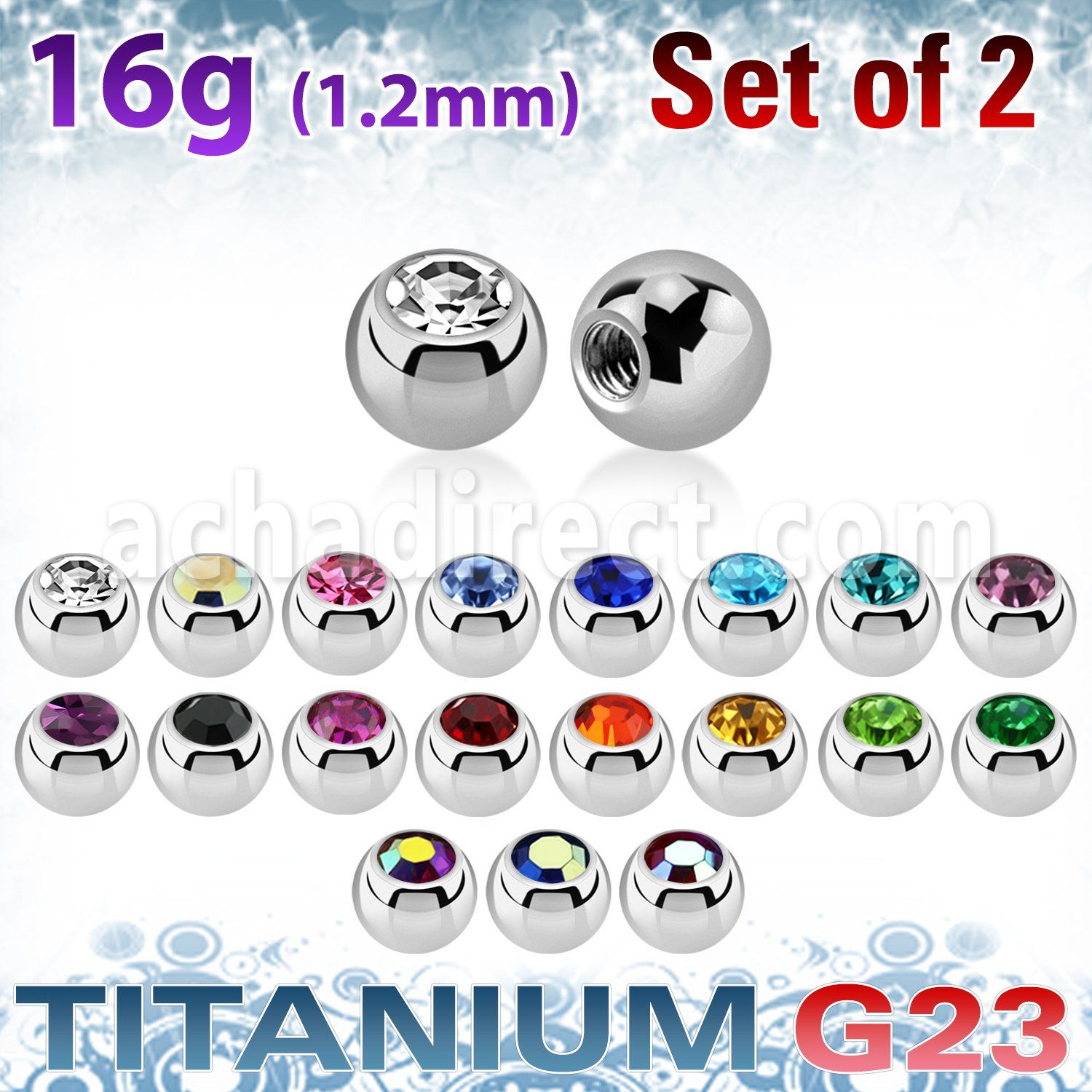 xujb3 pack 2 bolas titanio g23 brillo espejo 3mm cristal colores bisel rosca venta