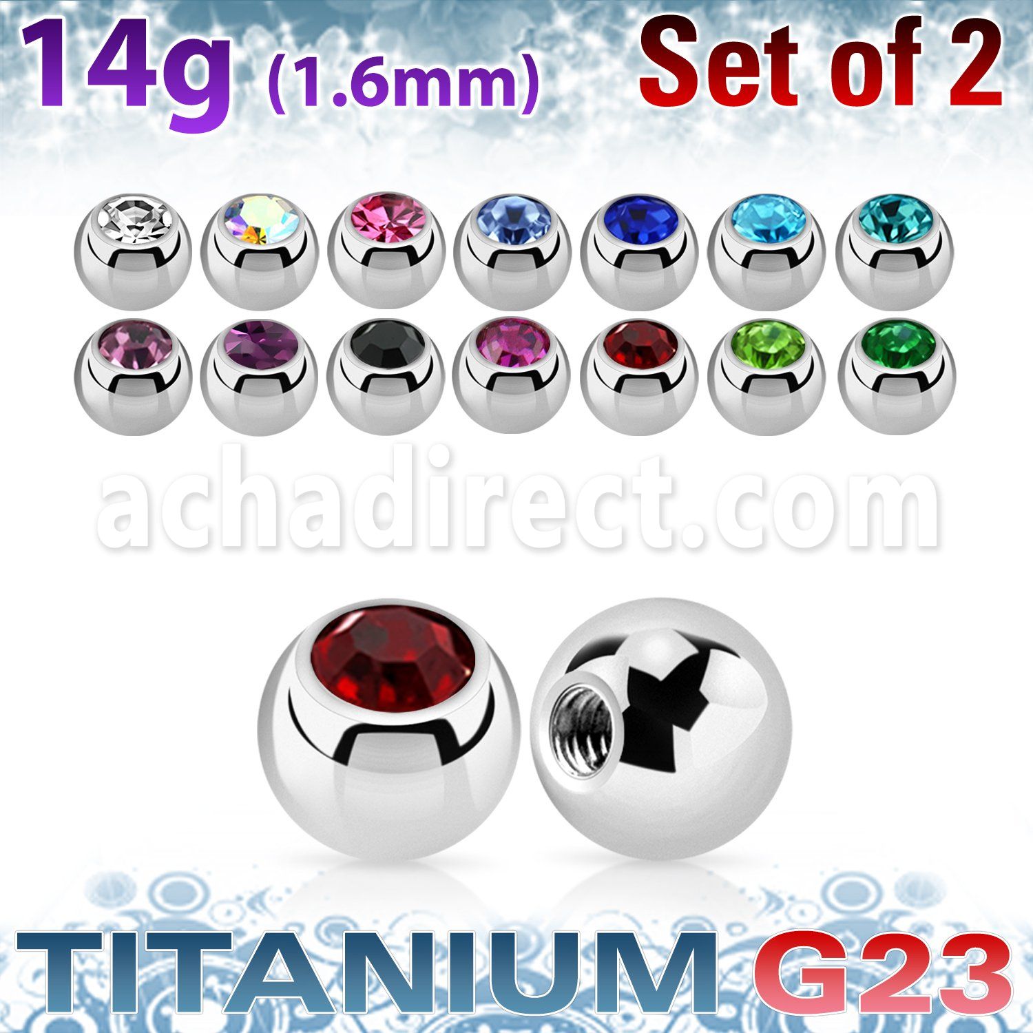 xujb5 pack 2 bolas titanio g23 brillo espejo 5mm cristal colores bisel rosca distribuidor mayorista