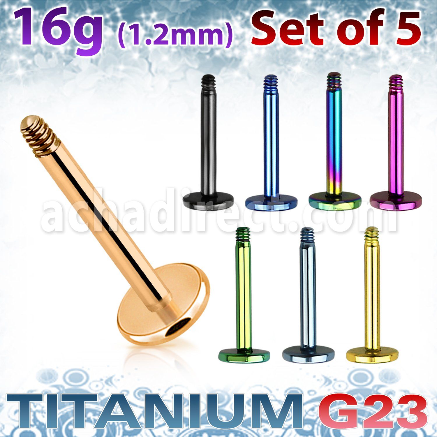 xutlb16 set 5 barras labret titanio g23 anodizado 5mm rosca distribuidor