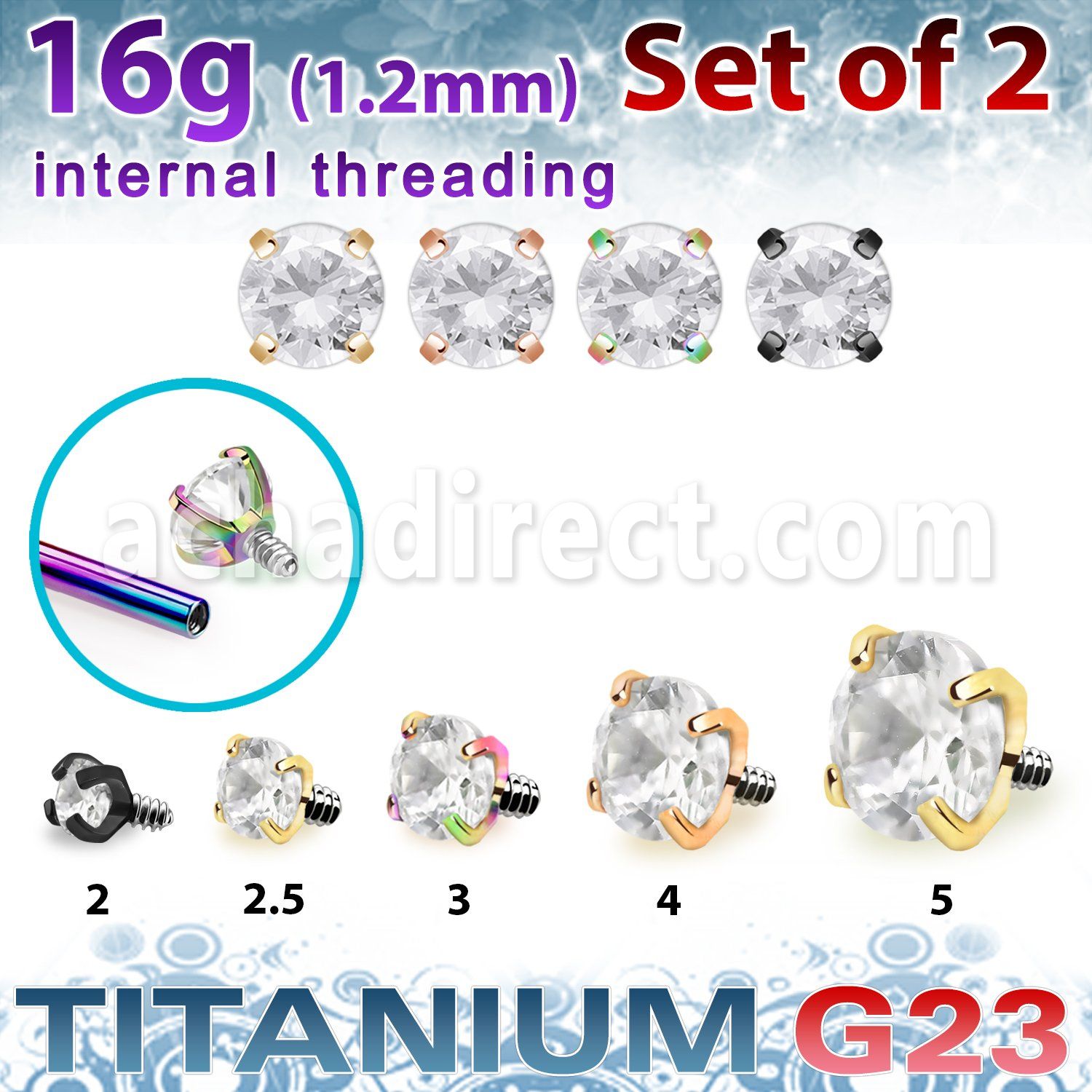 xutzrin pvd titanium prong set cz top 16g internal 2pcs