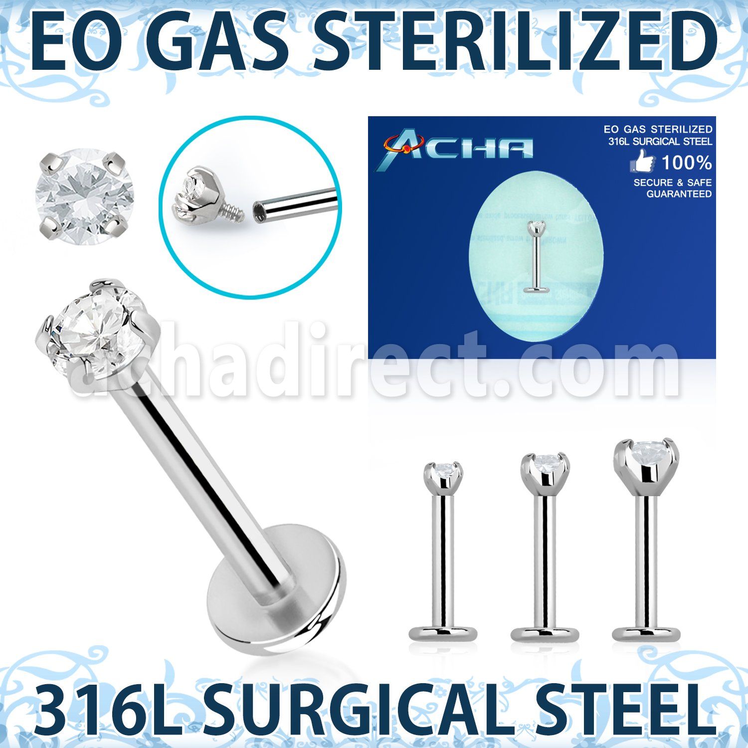 zlbczin sterilized 316l steel labret 16g clear cz internal