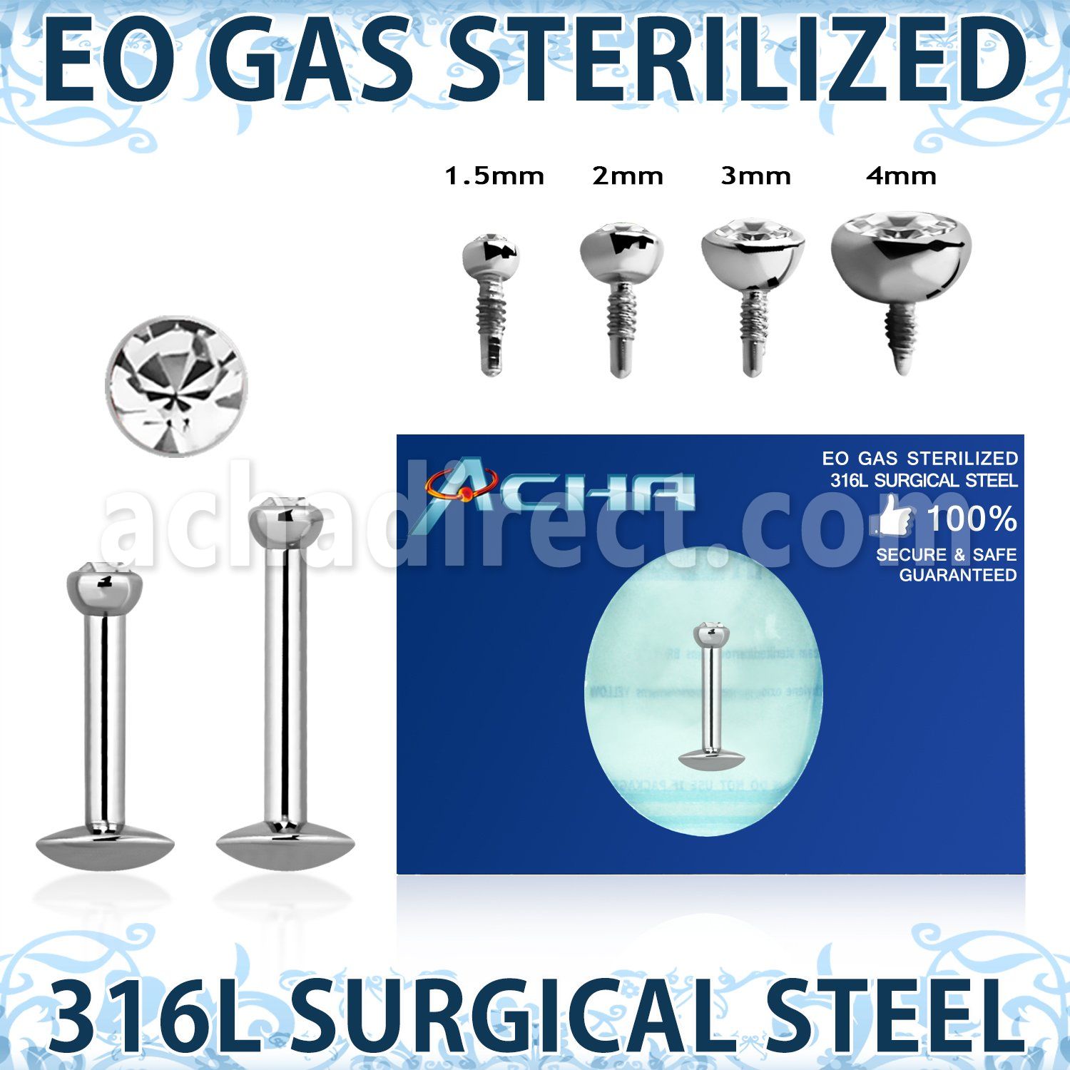 zlbirc sterilized steel labret flat head jewel internal