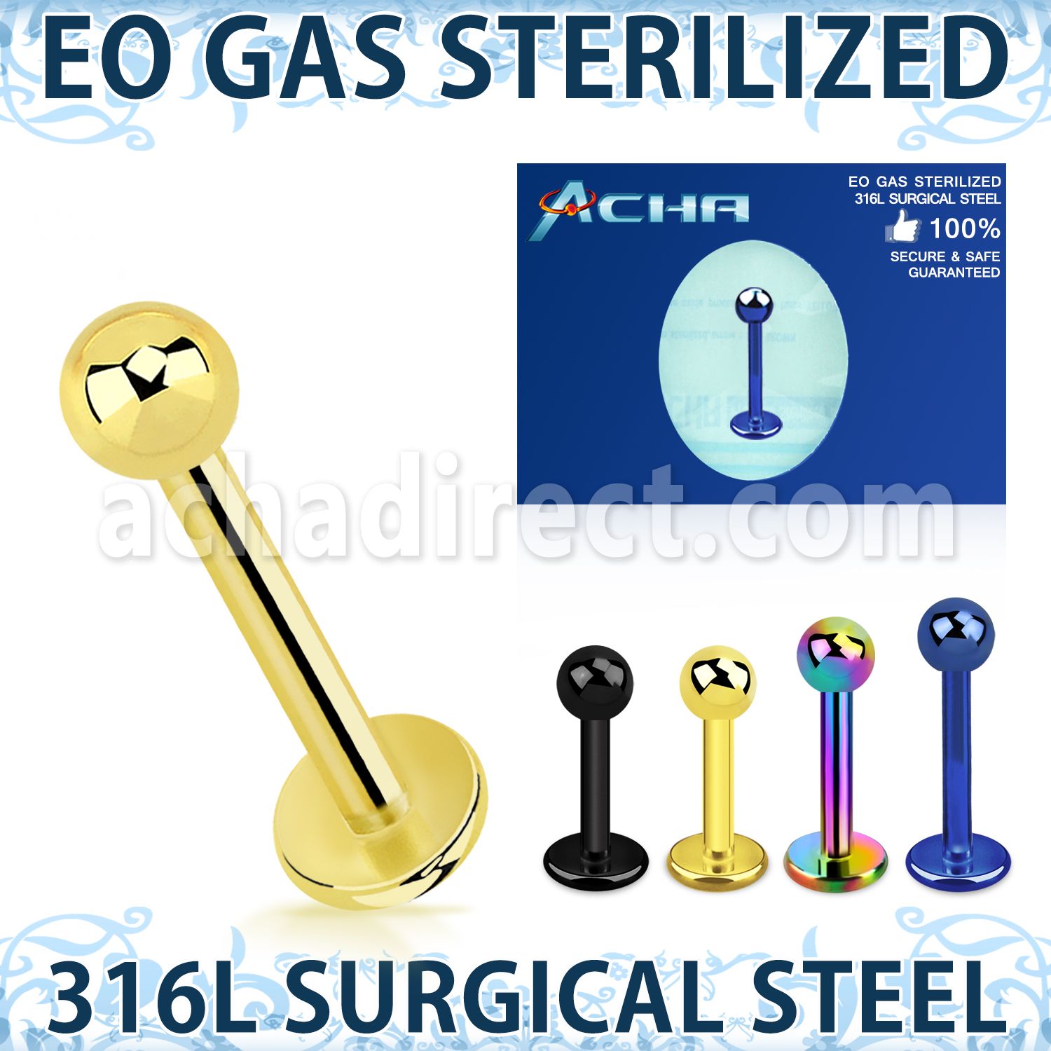 zlbtb3 sterilized pvd plated 316l steel labret 3mm ball