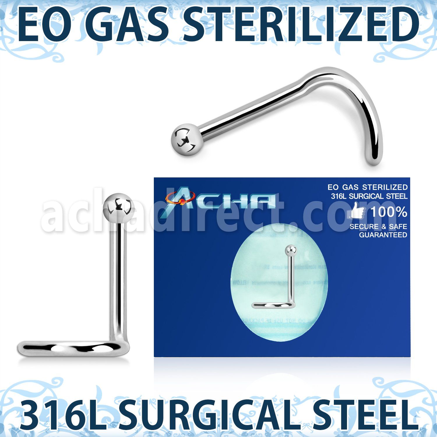 znsb18 sterilized 316l steel nose screw 18g 2mm ball top