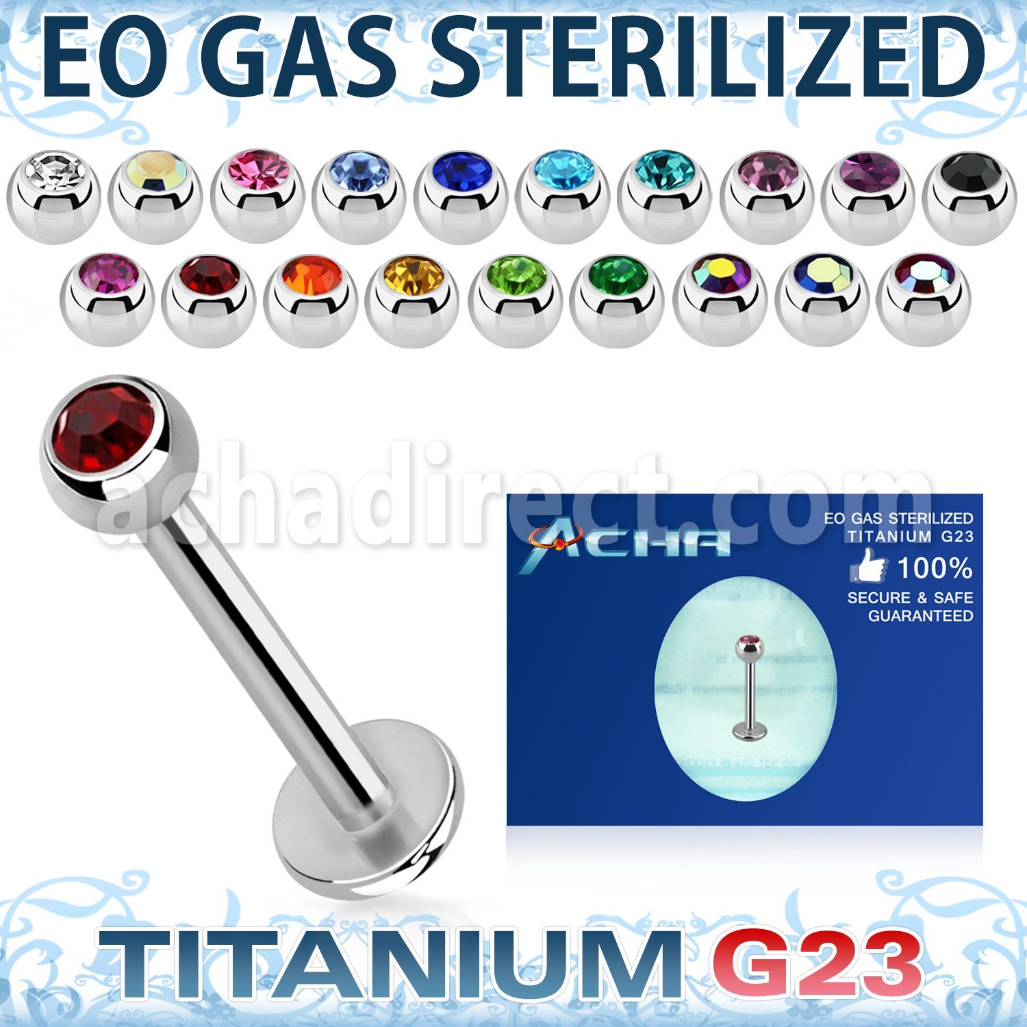 zulbc3 eo gas sterilized piercing titanium g23 labret color crystal ball
