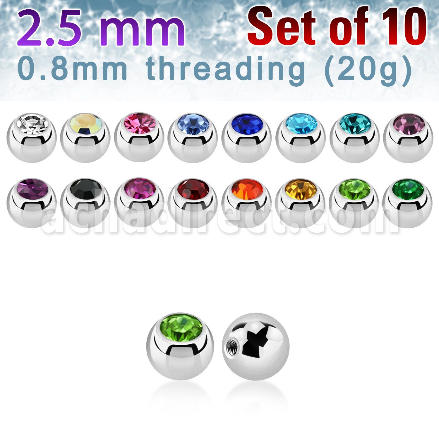 10 2.5mm 316l steel balls w crystals w 0.8mm threading