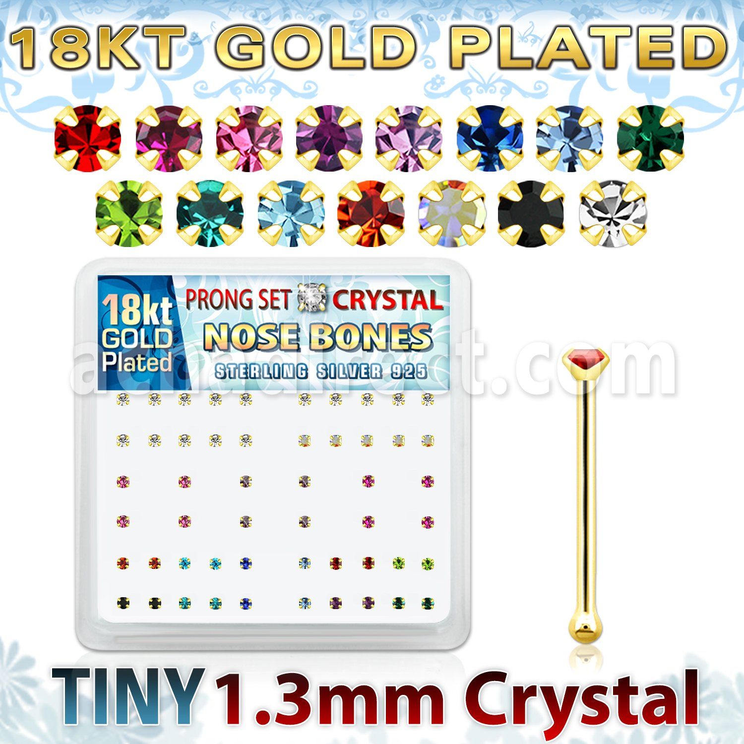 18bp6xm box of gold silver nose bones w 1 25mm prong set crystal
