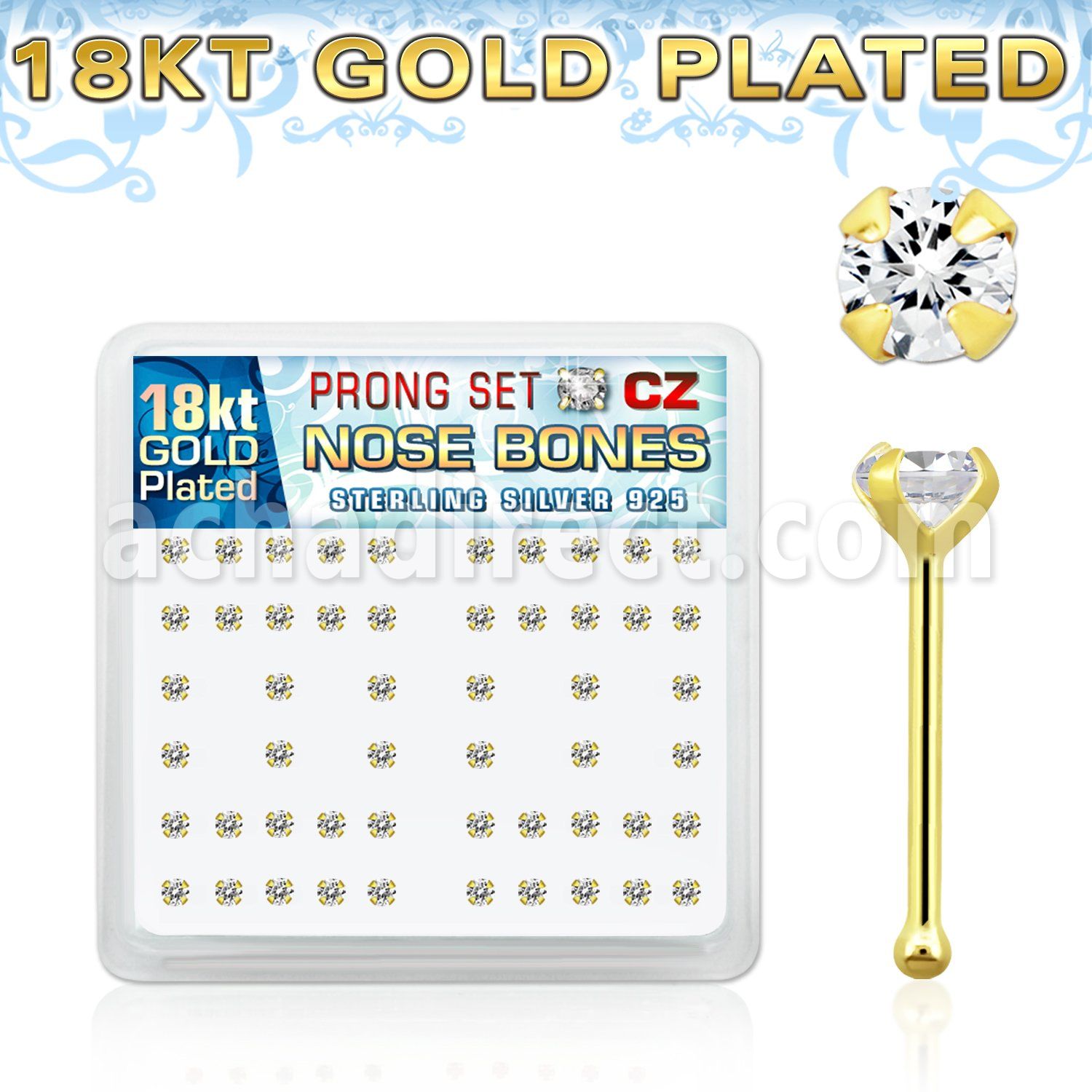 18bz25xc box of gold silver nose bones w 2 5mm clear prong set cz