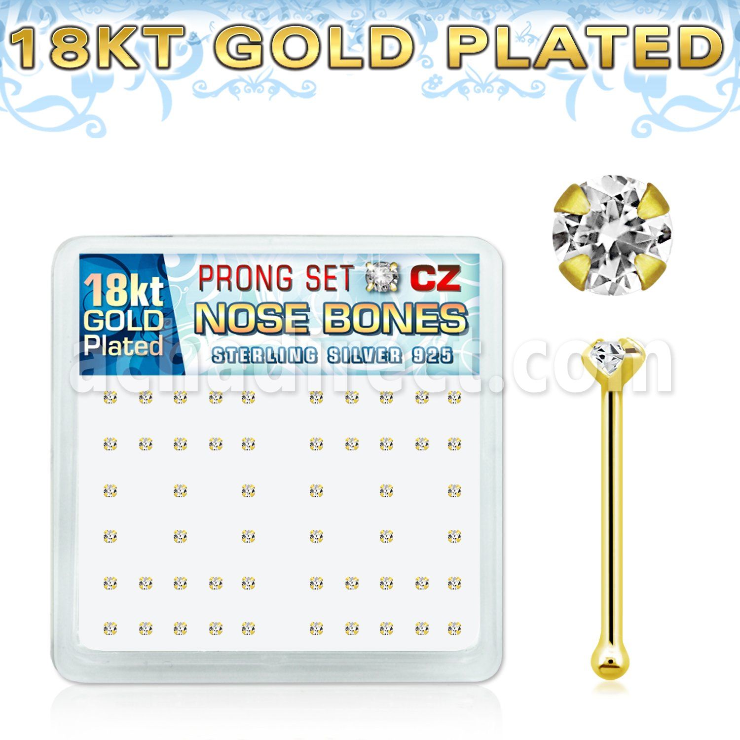 18nbzbc silver nose bone w 1 5mm prong cz 18k gold plating