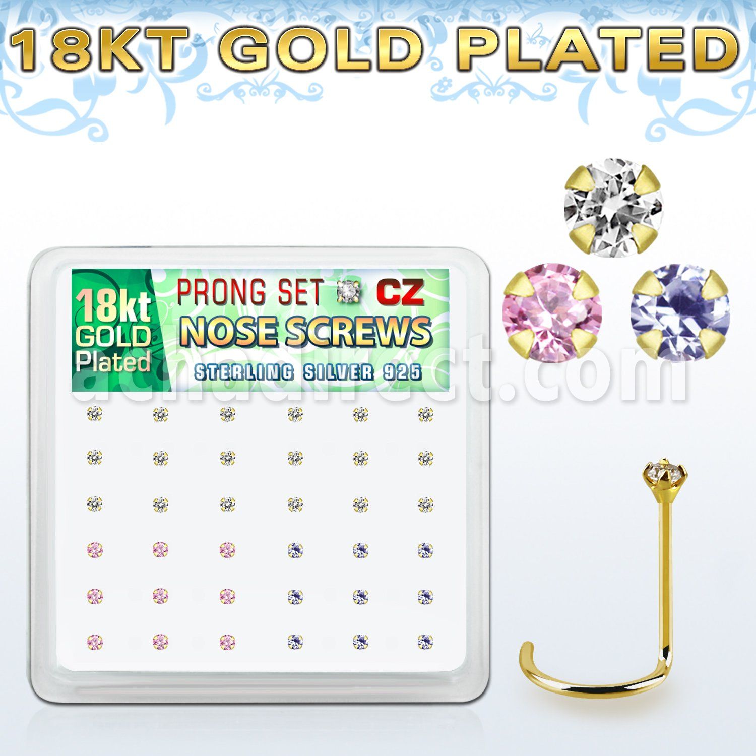 18nwzbm box 36 gold plated silver nose screws w 1.5mm mix cz