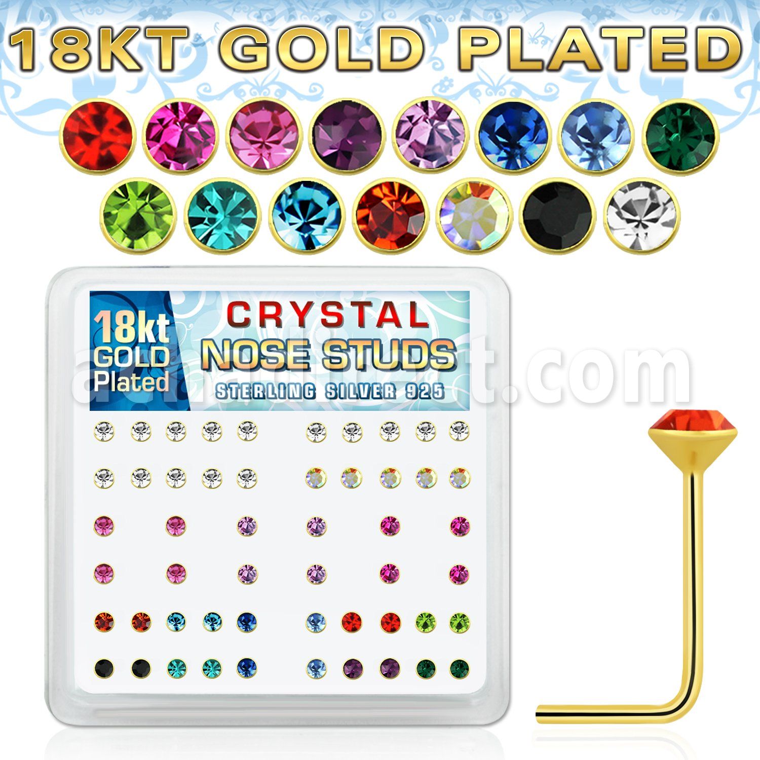 18s19xm box of gold silver nose studs with 2 5mm crystal tops