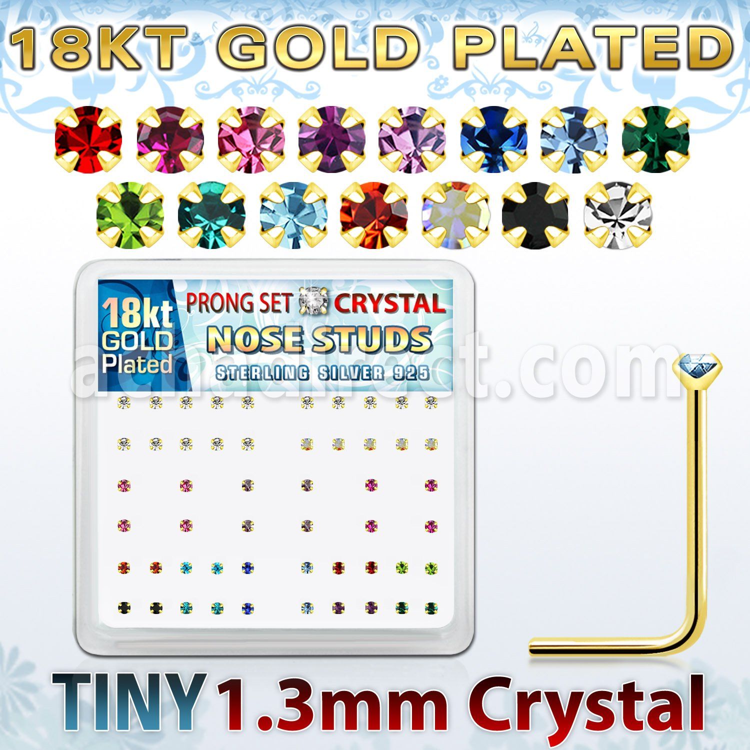 18sp6xm gold silver nose studs with 1 25mm prong set crystals