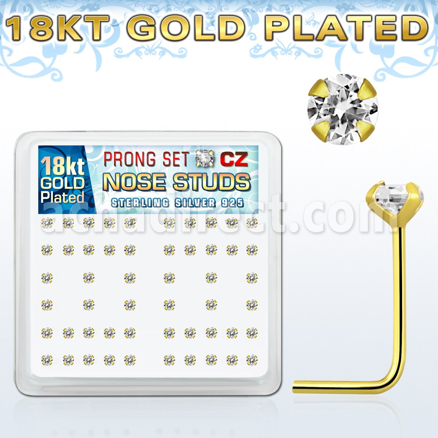 18sz25xc box of gold silver nose studs w 2 5mm clear prong set cz