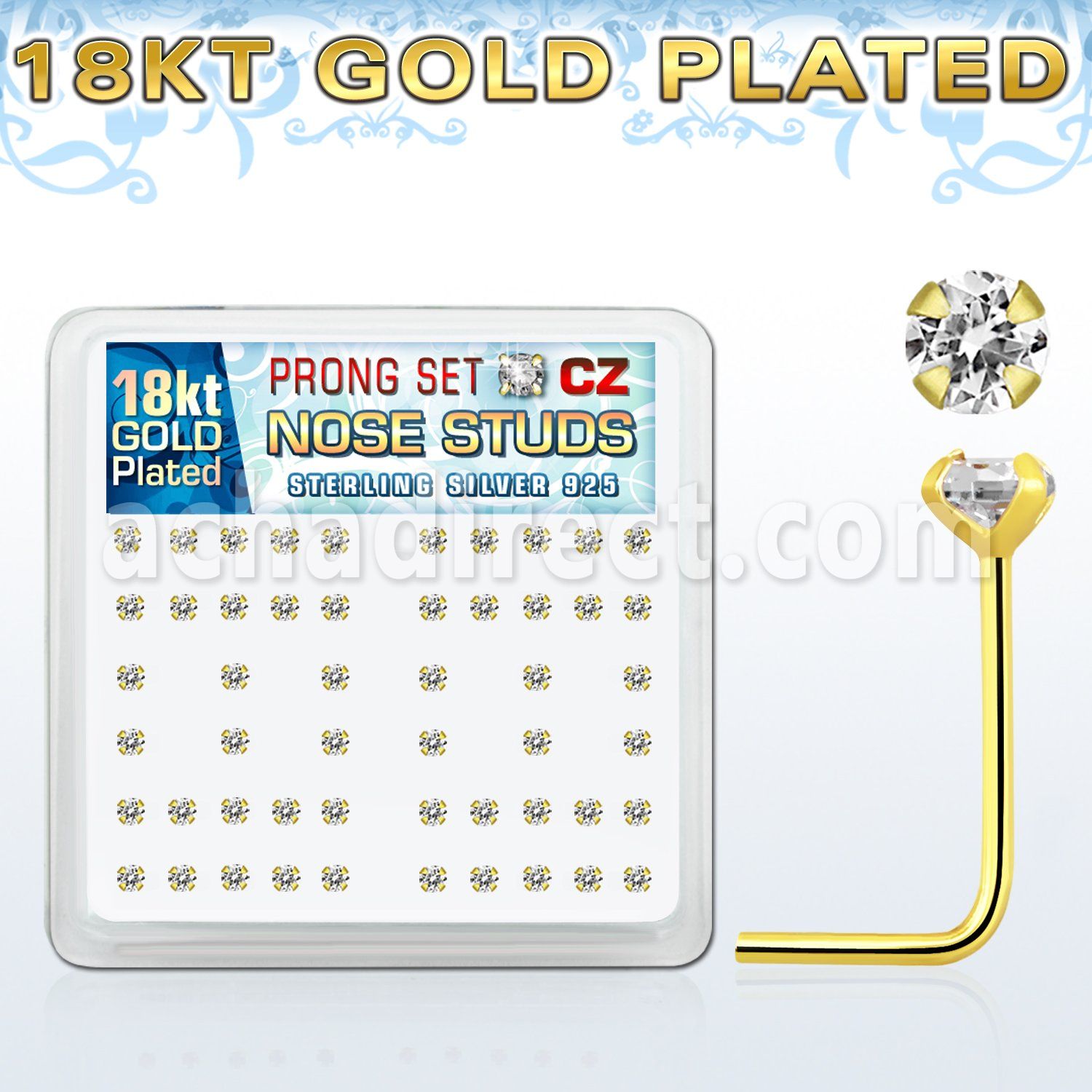 18sz2xc silver nose stud w 18k gold plating 2mm clear czs 