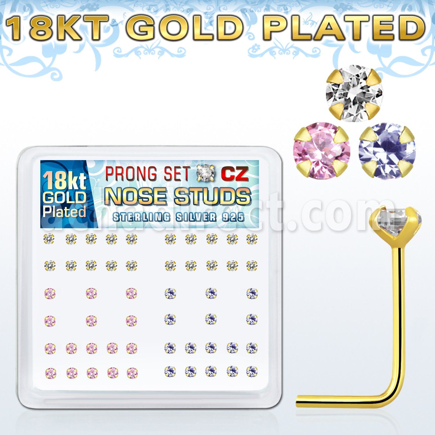 18sz2xm 18k gold plated silver bend it nose stud w prong set cz