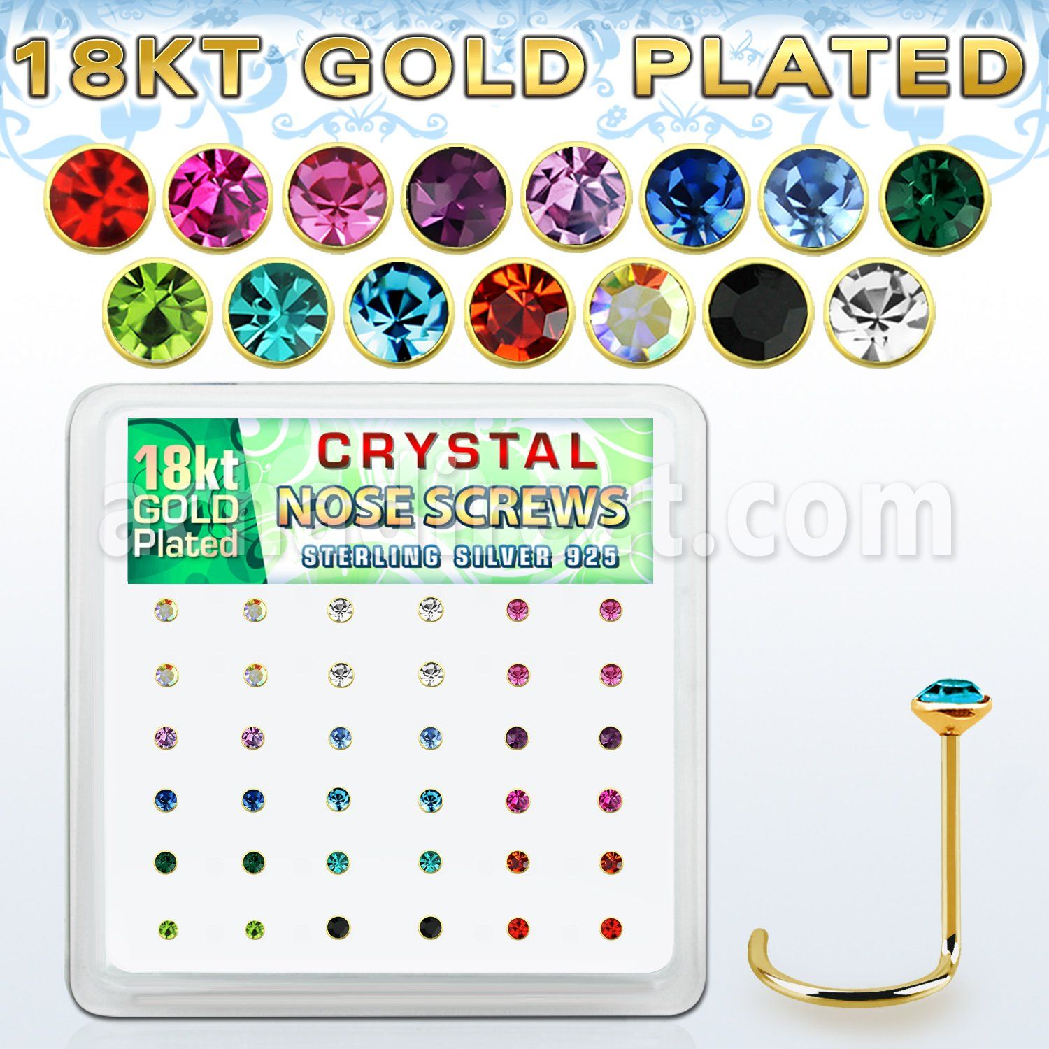 18w14xm box 36 gold plated silver nose screws w 2mm mix crystals