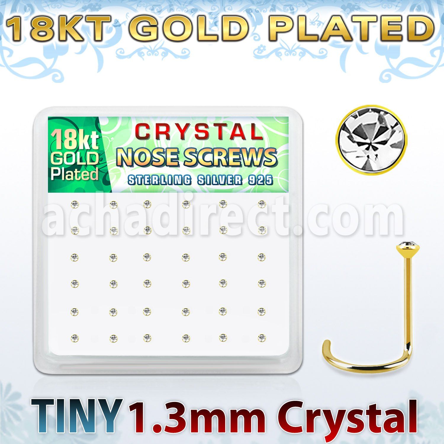 18w6xc box gold plated silver nose screws 1.25mm clear crystals