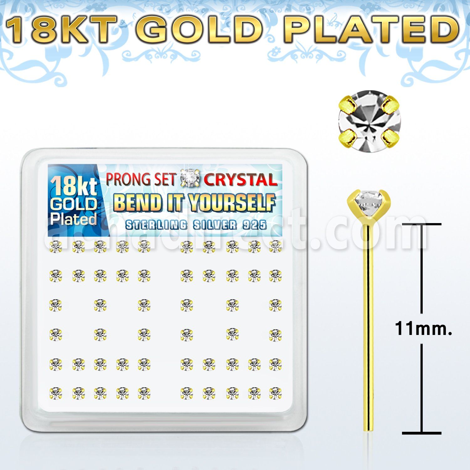 18yp14xc gold plated silver bend it nose stud w 2mm crystal tops