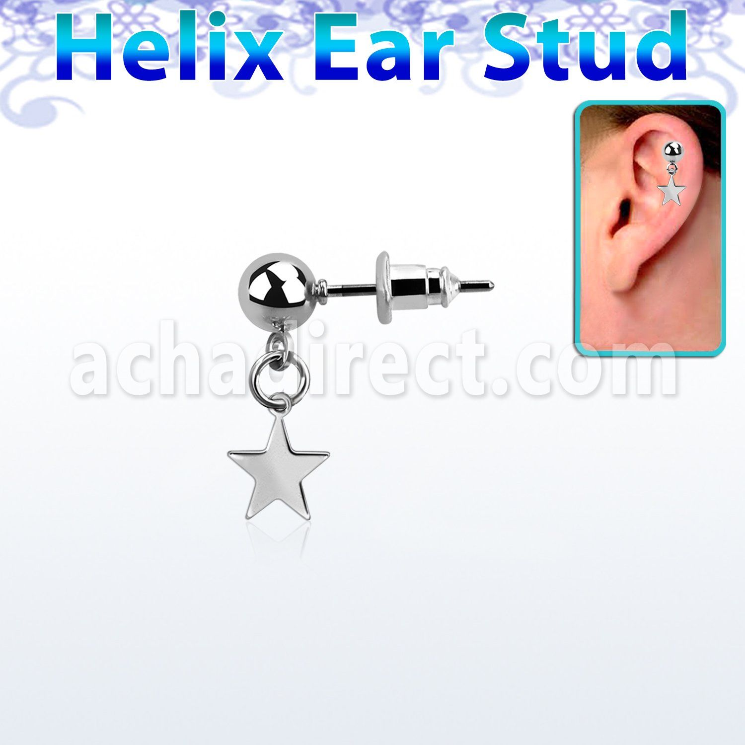 5mm ball steel helix ear stud w a dangling steel star