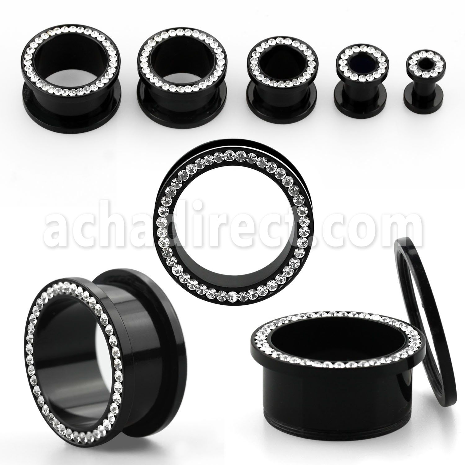 afemk black acrylic screwfit flesh tunnel with clear crystal