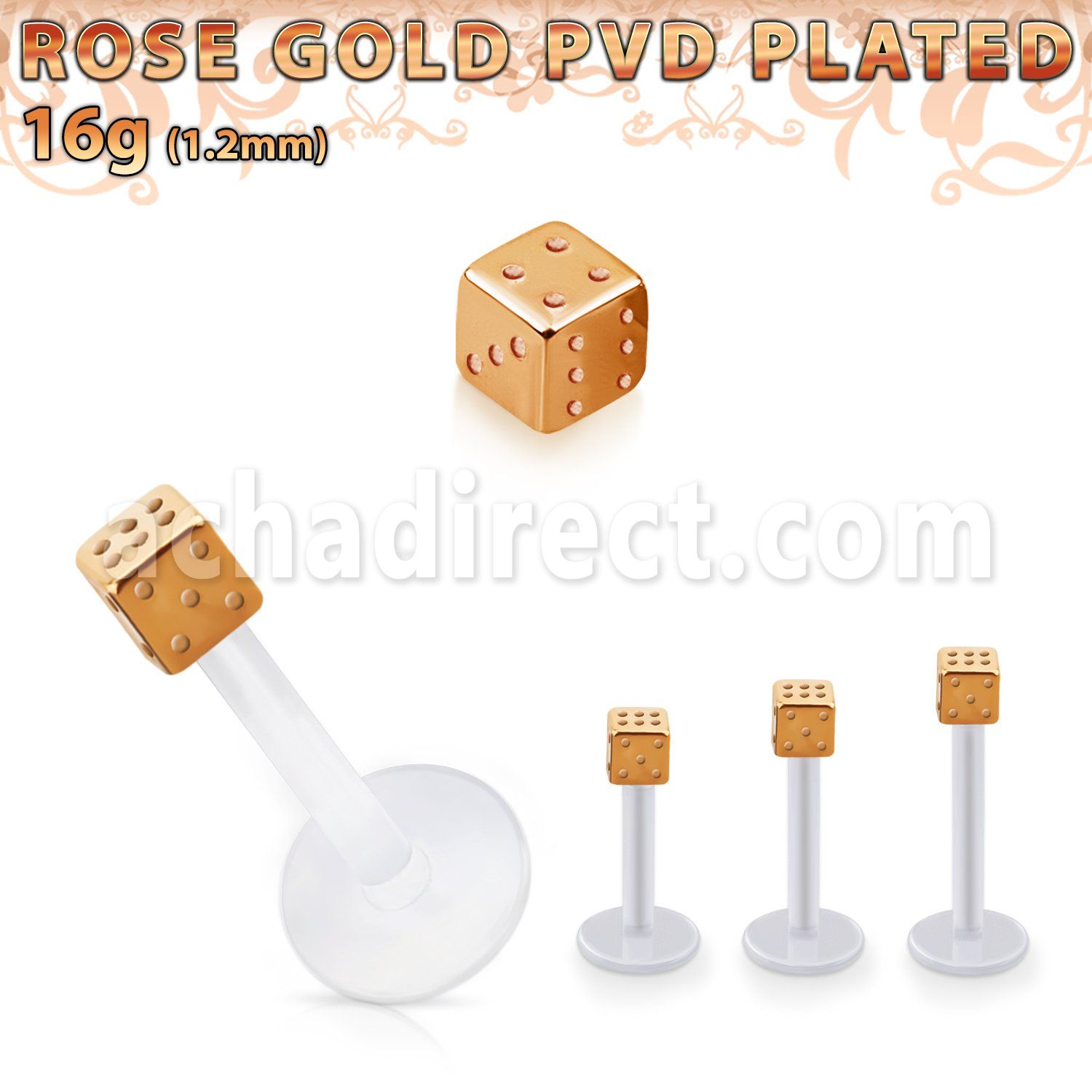 albttd25 bio  flex labret w 25mm rose gold pvd plated steel dice
