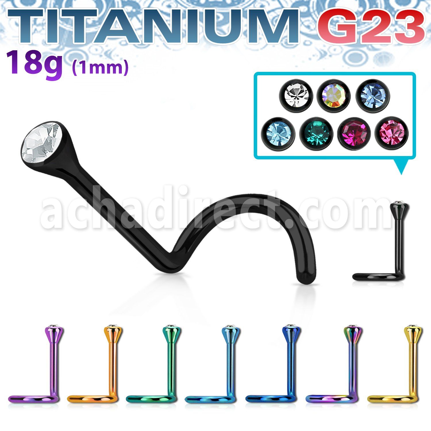 anodized titanium g23 nose screw, 18g w bezel set crystal