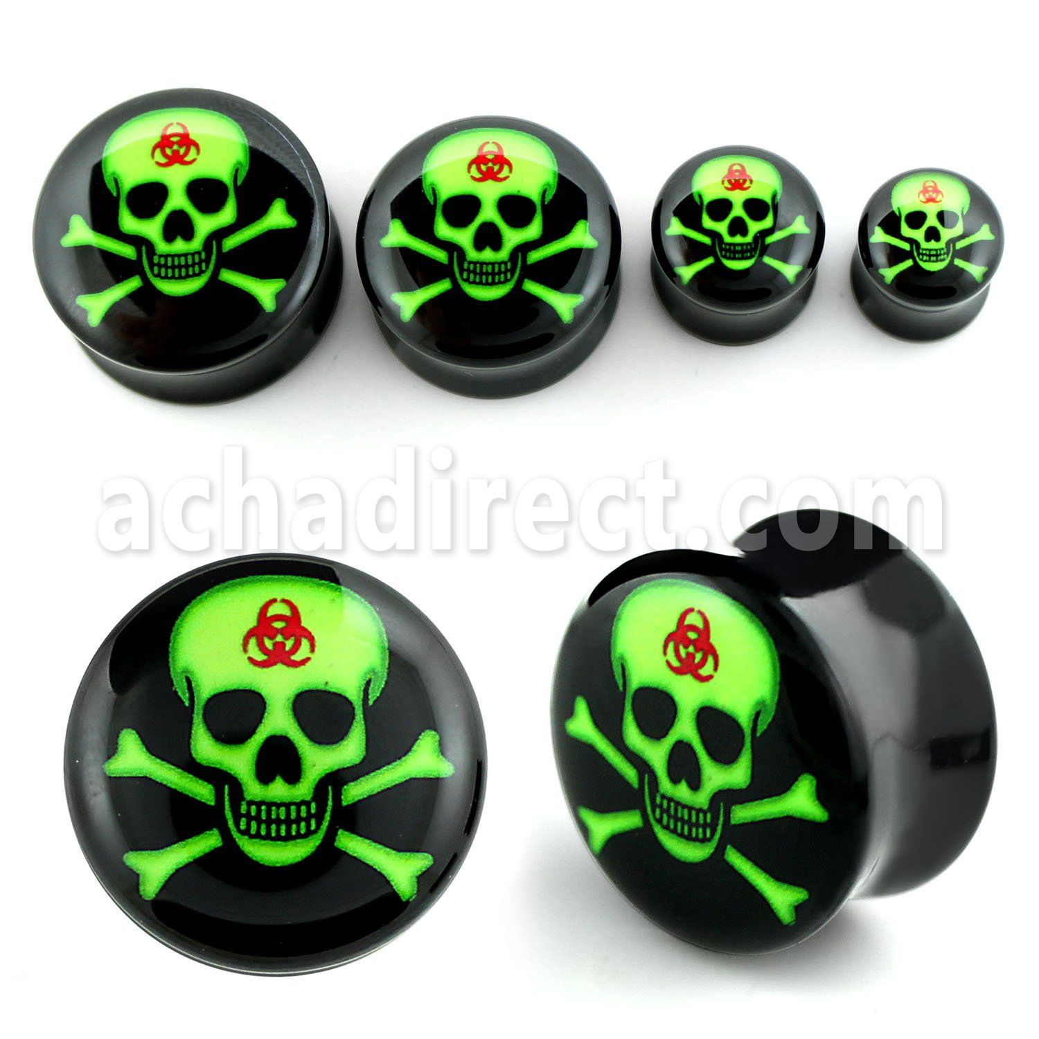 apgxx acrylic double flared plug with toxic green skull logo