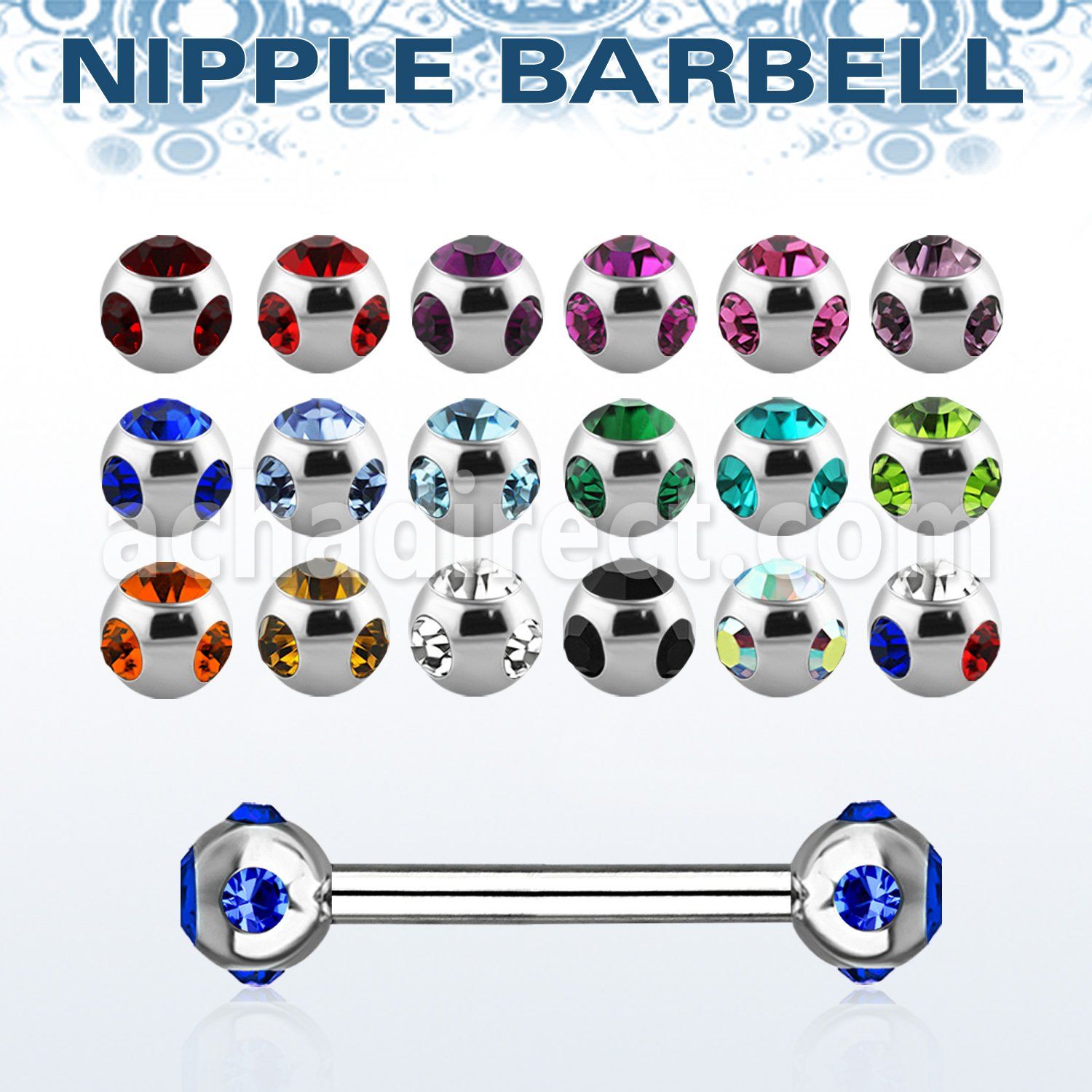 bb2mtc 316l steel nipple barbell with 4mm multi jewel ball