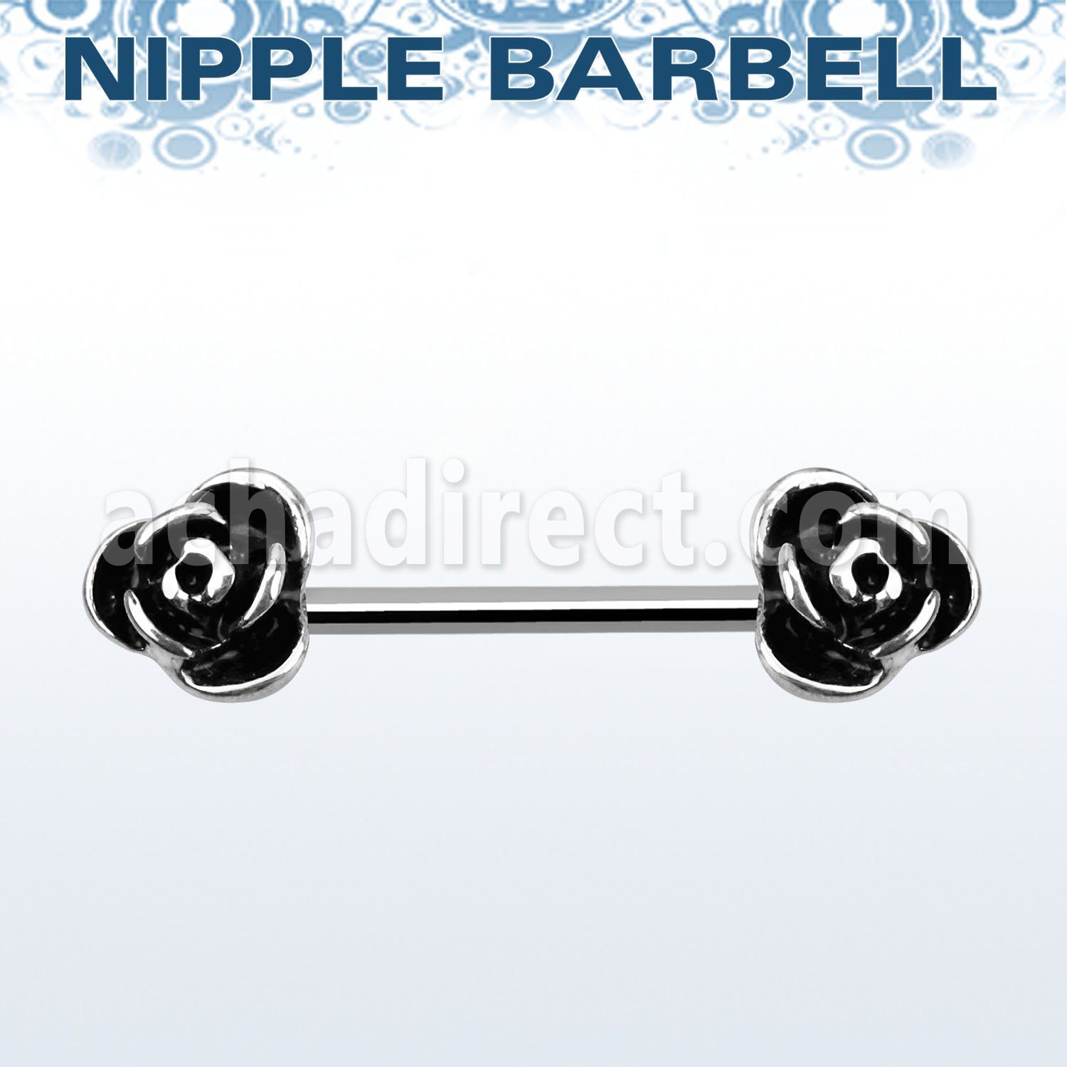 bb2ros 316l steel nipple barbell with roses with black accents