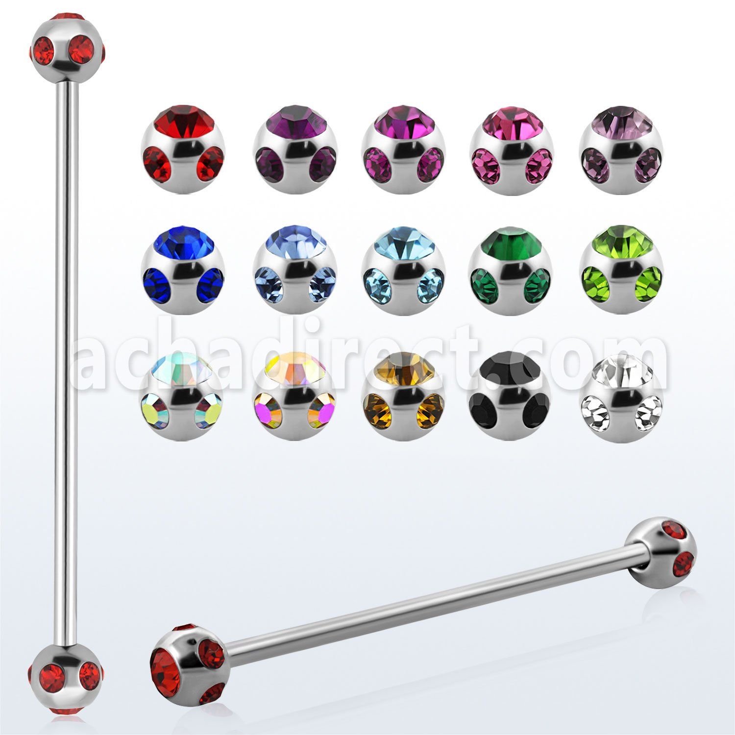 bb5c 316l steel industrial barbell with a 5mm multi crystals
