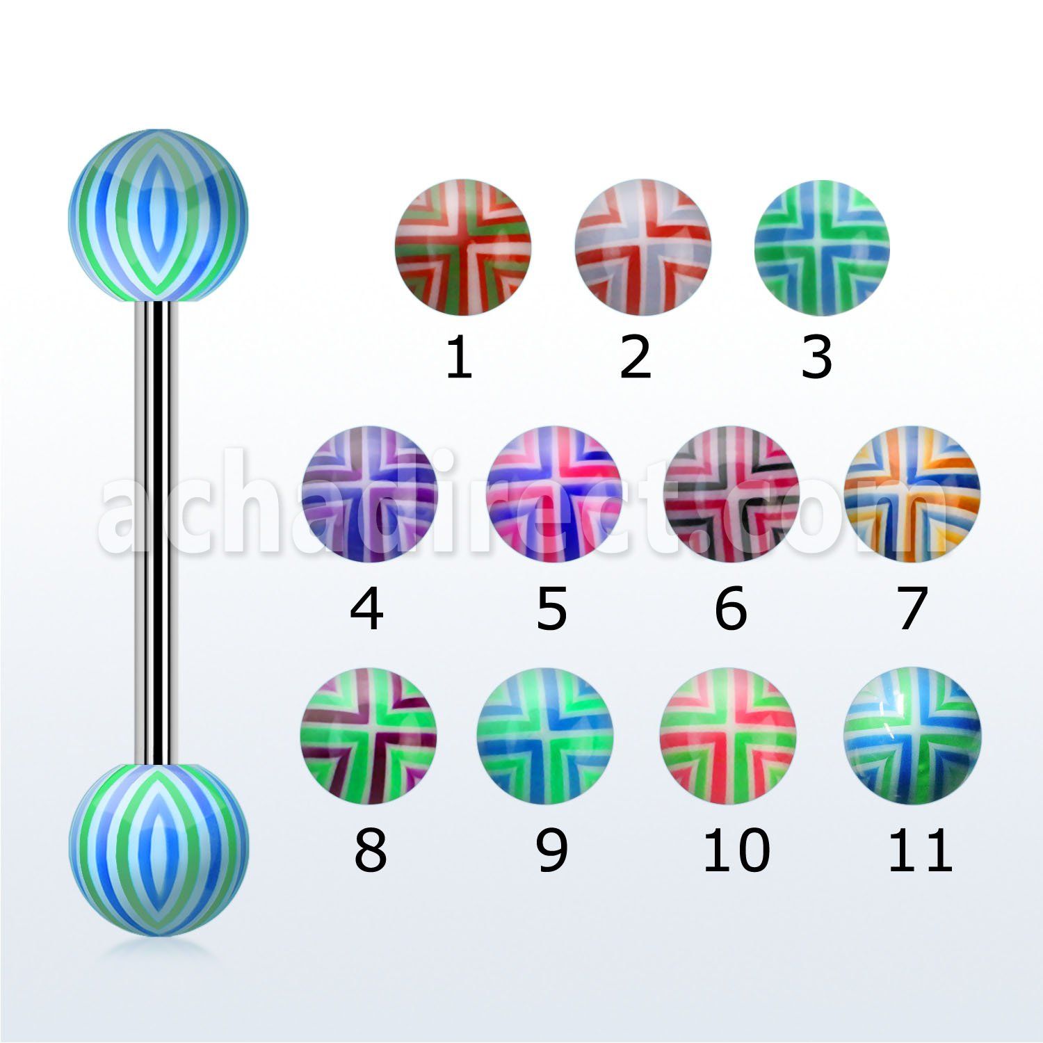 bbacb 316l steel tongue barbell with 6mm cross acrylic ball