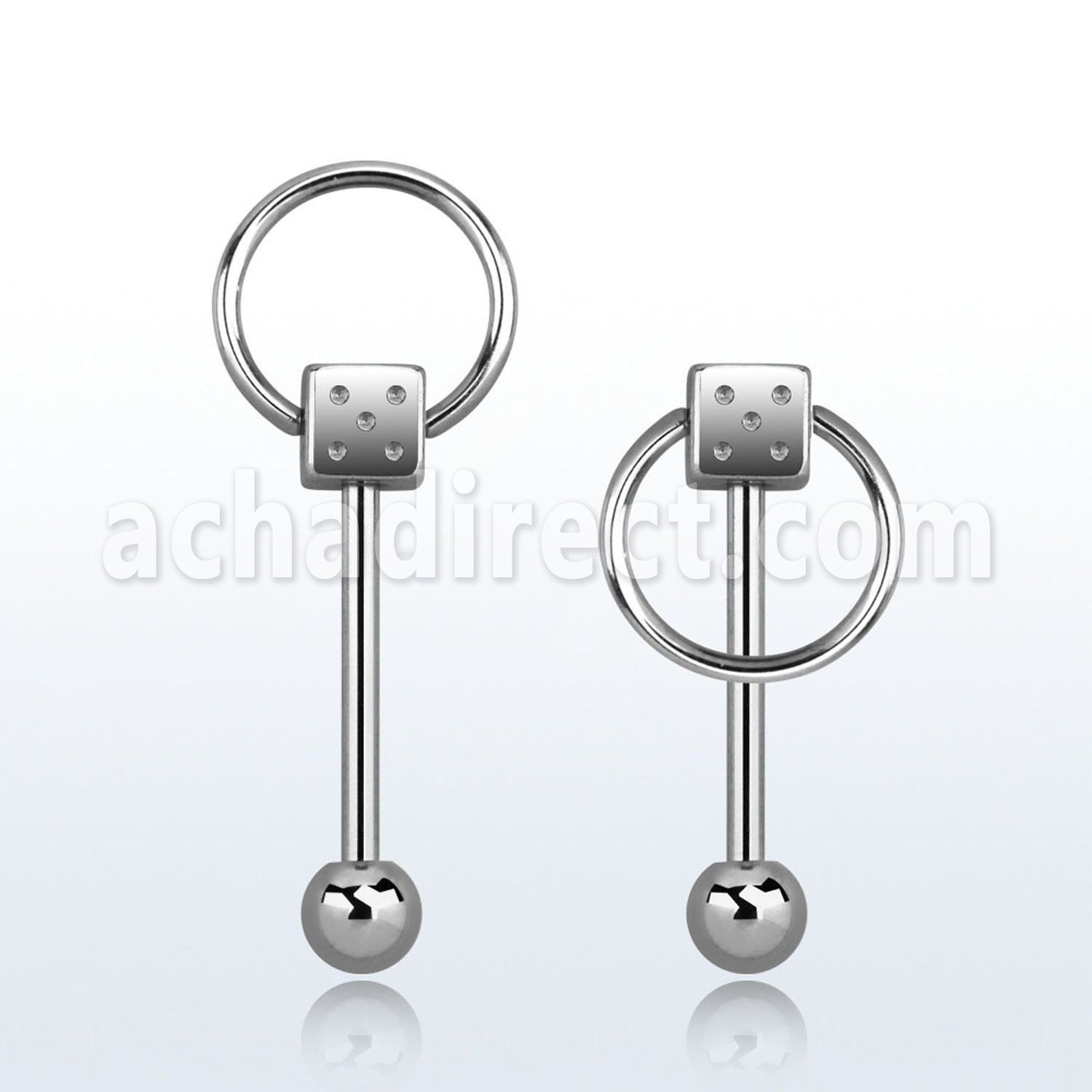bbdisl 316l steel tongue barbell with a 5mm dice slave ring