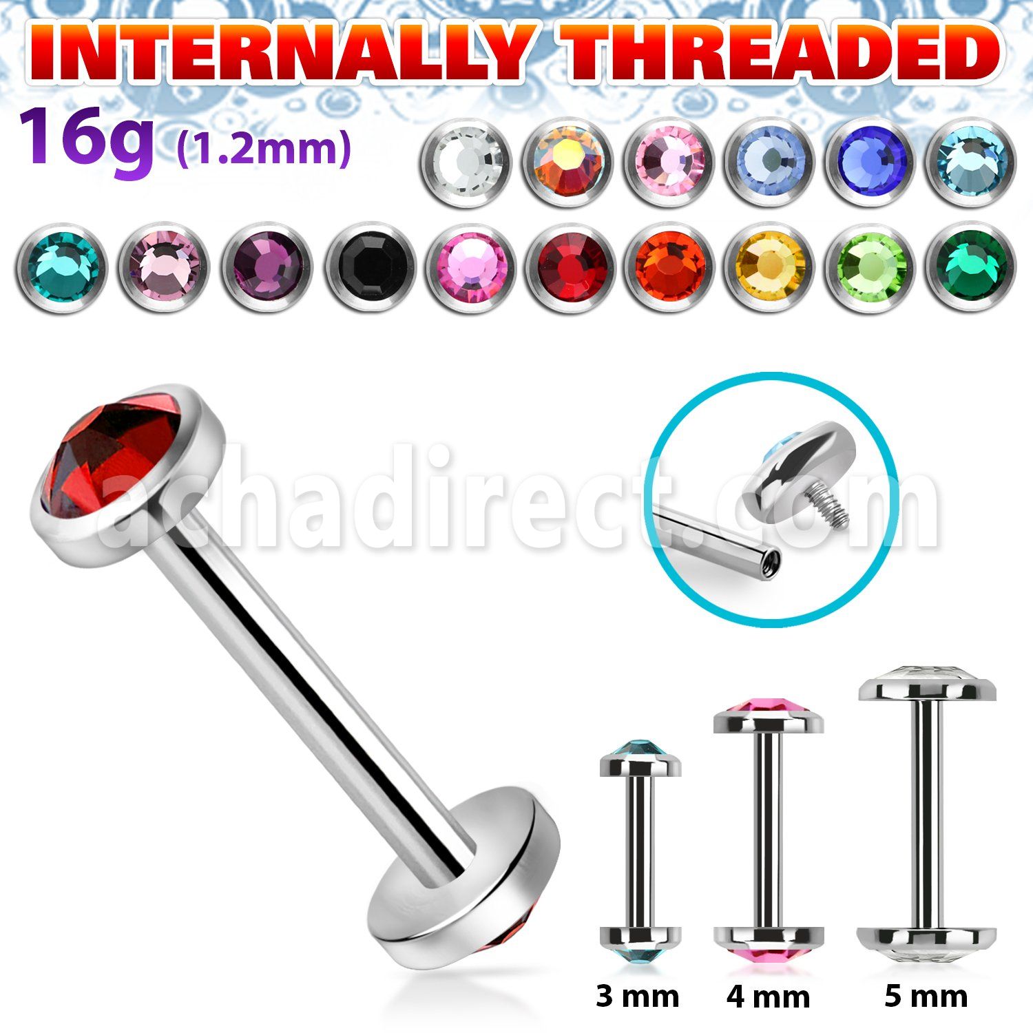 bbe2fbin internally threaded steel barbel w flat back crystal
