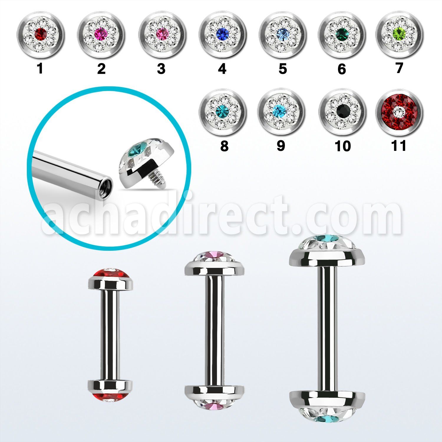 bbefrbin internally threaded steel barbel flat multi crystal dot