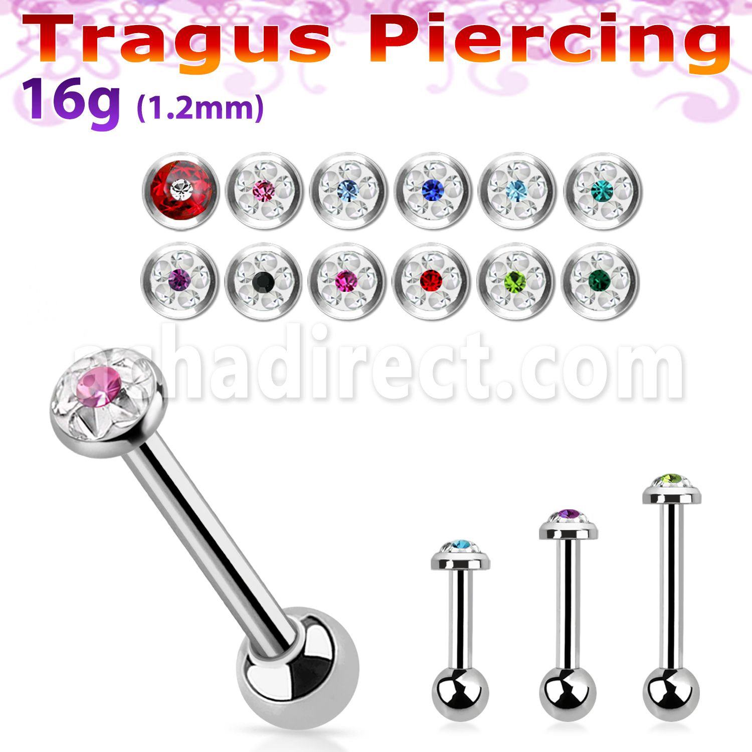 bber38b 316l steel tragus barbell w 3mm top lower 3mm ball