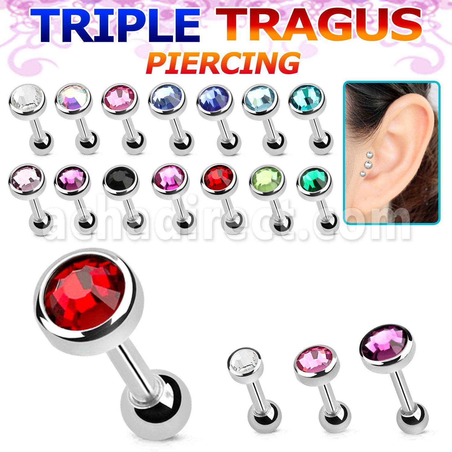 bber62 316l steel tragus piercing w 3  5mm crystal top