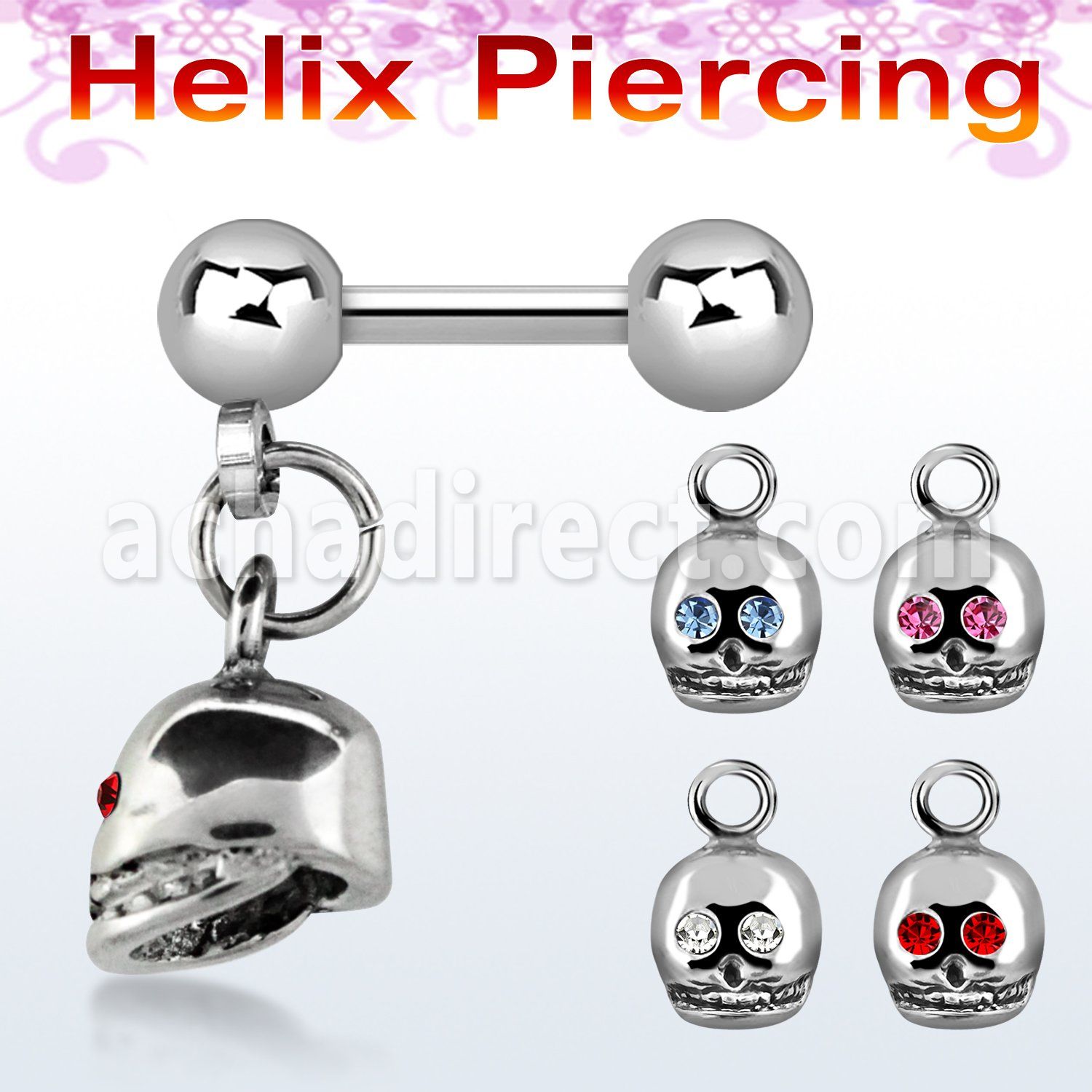 bber7 316l steel helix barbell with 4mm ball crystalic skull