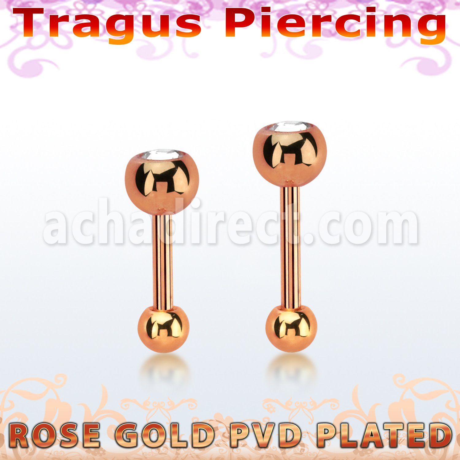 bbertt35 rose gold pvd steel tragus barbell w 4mm jewel ball