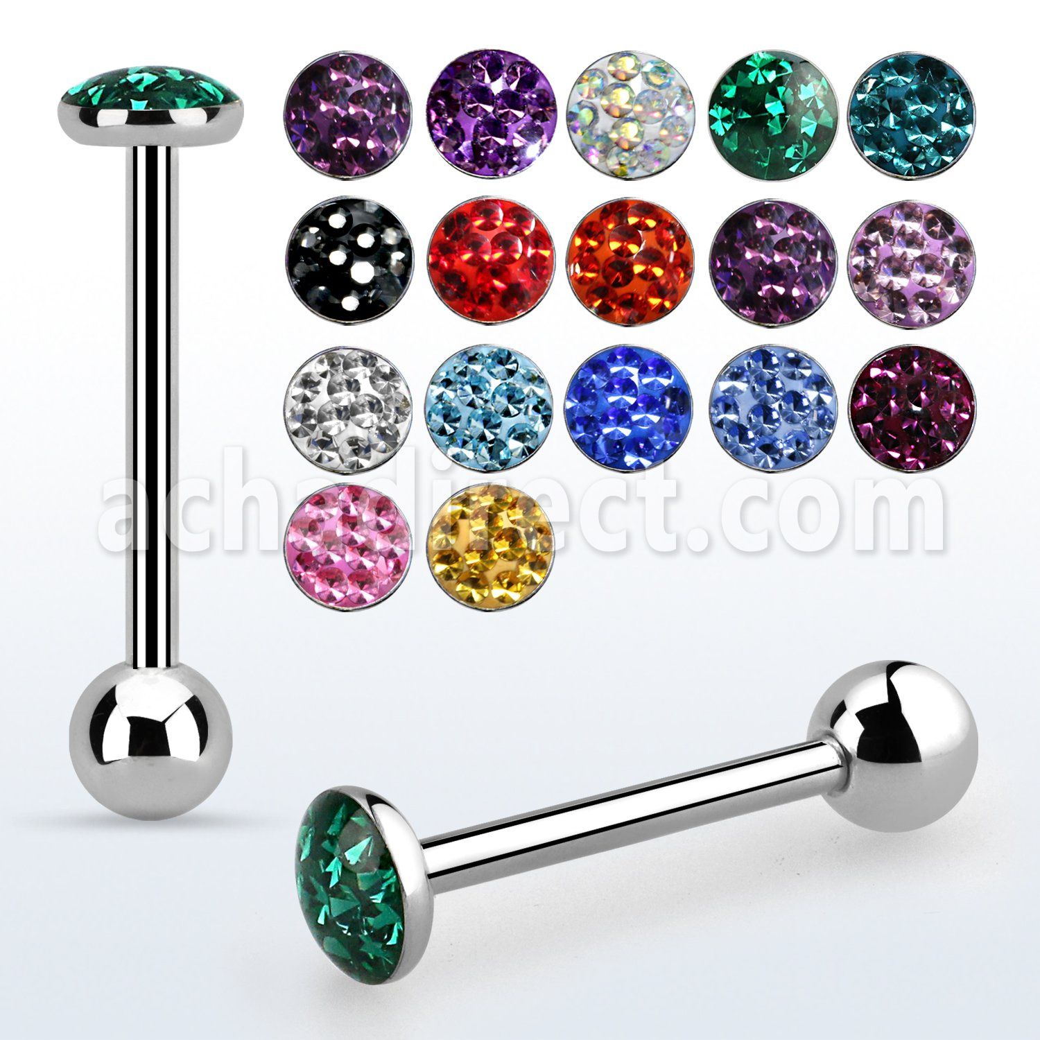 bbfc6x steel tongue barbell w 5.5mm flat top w crystals resin