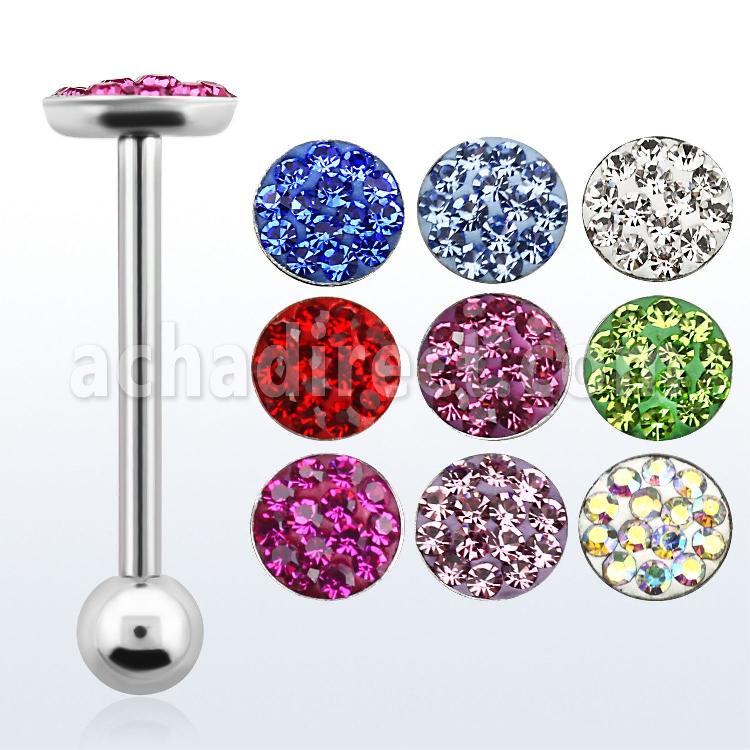 bbfcs2 316l steel tongue barbell with ferido glued crystal top