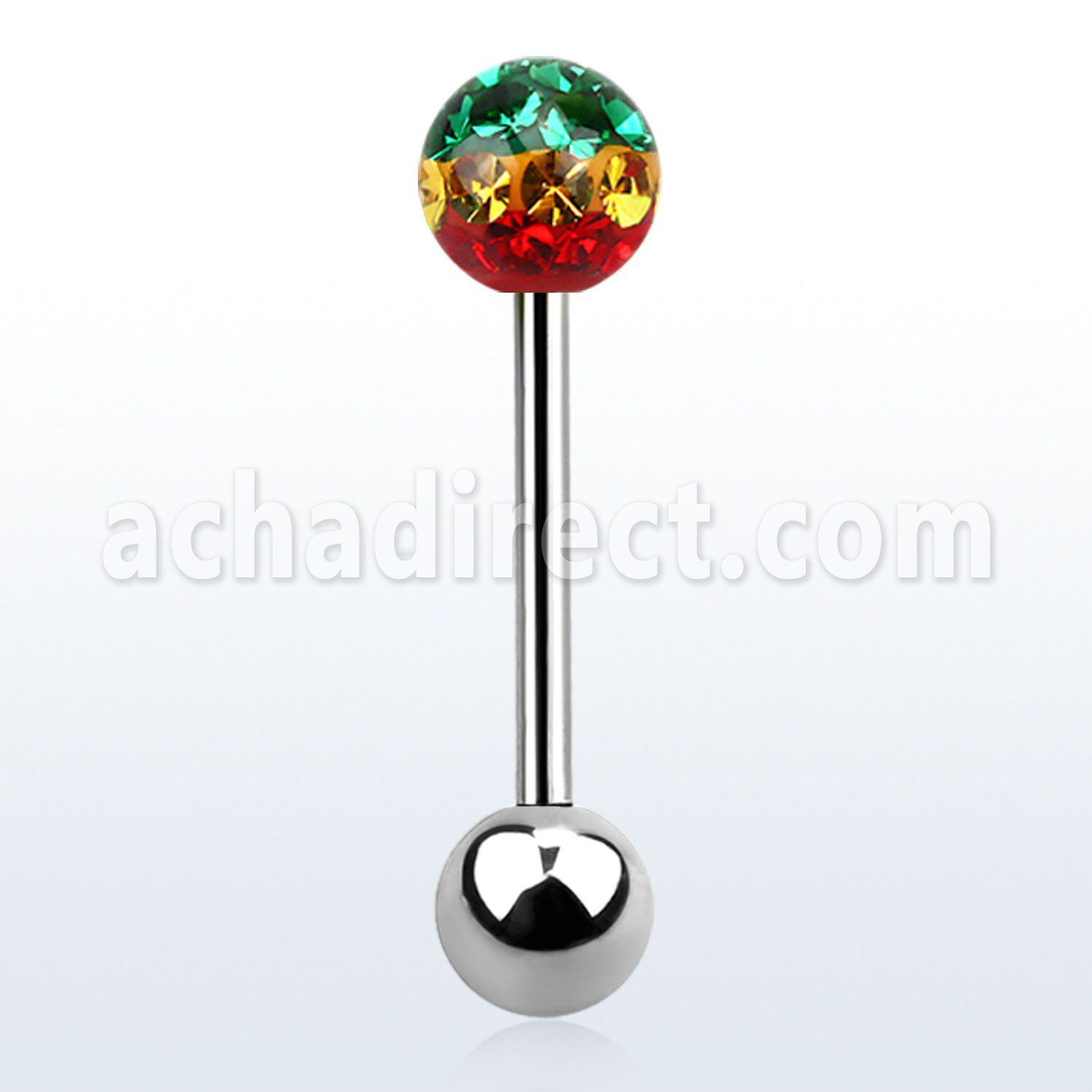 bbfr6r 316l steel tongue barbell w rasta ferido multi crystal