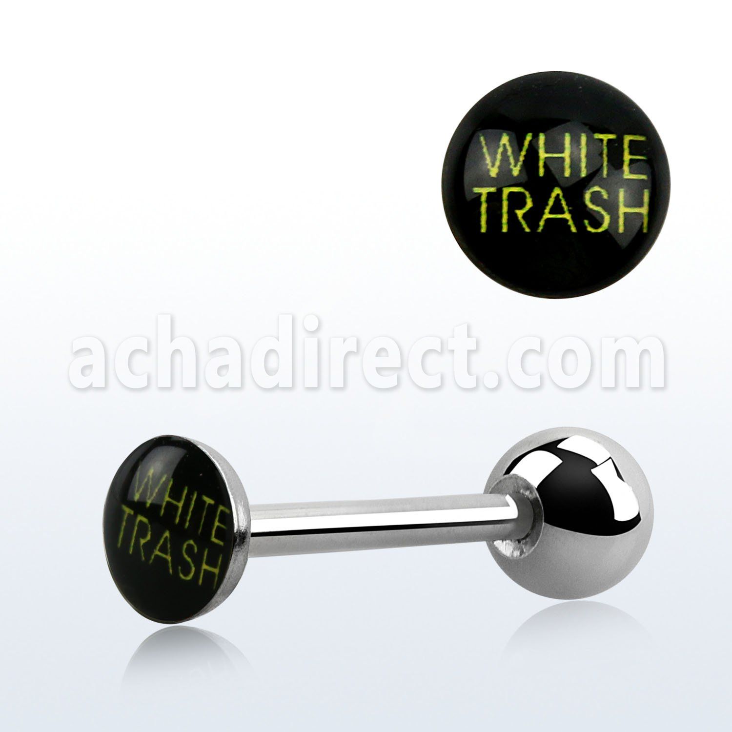 bbfwt 316l steel tongue barbell with white trash logo
