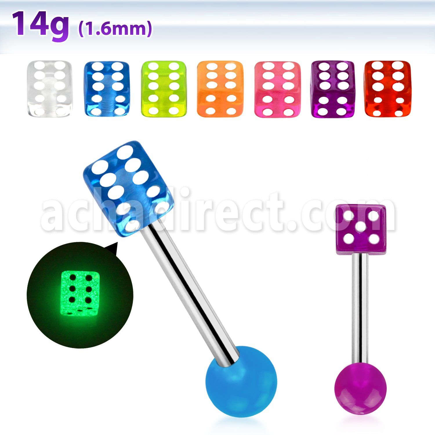 bbgldi 316l steel tongue barbell with acrylic luminous dice
