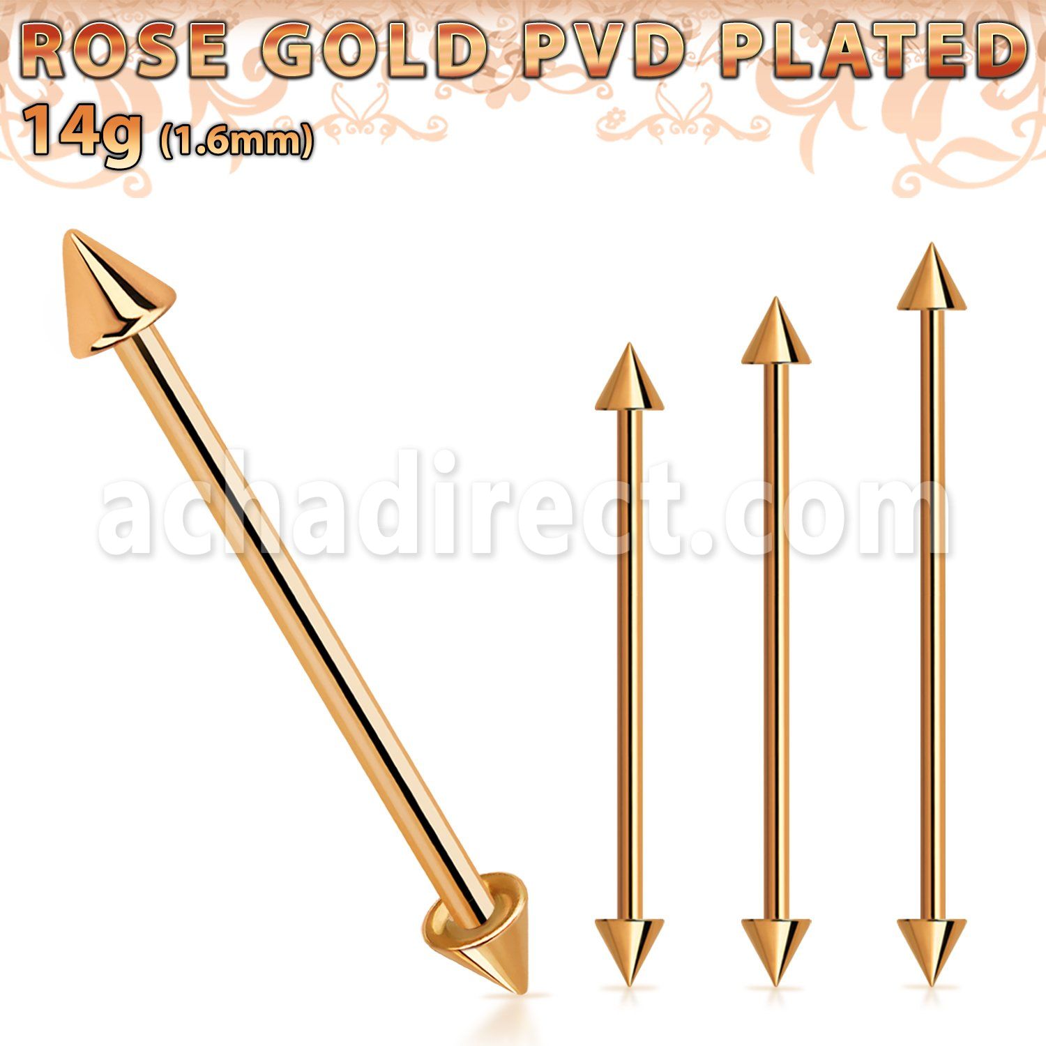 bbittcn4 rose gold steel industrial barbell w 2 4mm cones