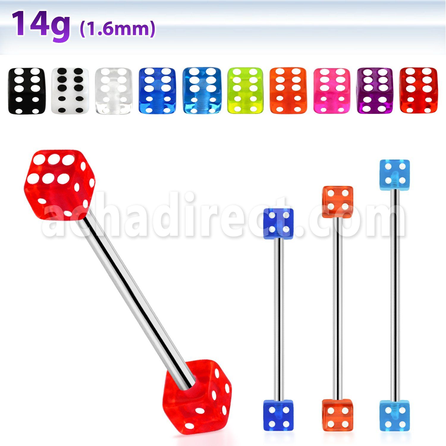 bbivd5 316l steel industrial barbell with a 5mm acrylic uv dice