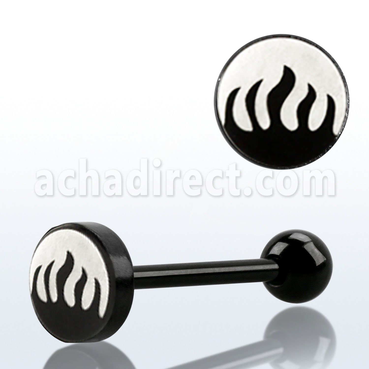 bbls4 anodized 316l steel tongue barbell with 8mm flame logo
