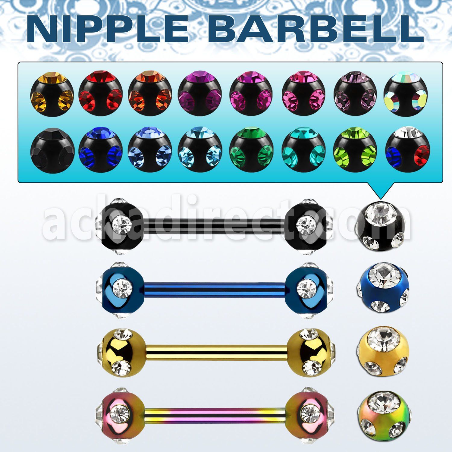 bbnpt5c anodized 316l steel nipple barbell with 5mm multi jewels