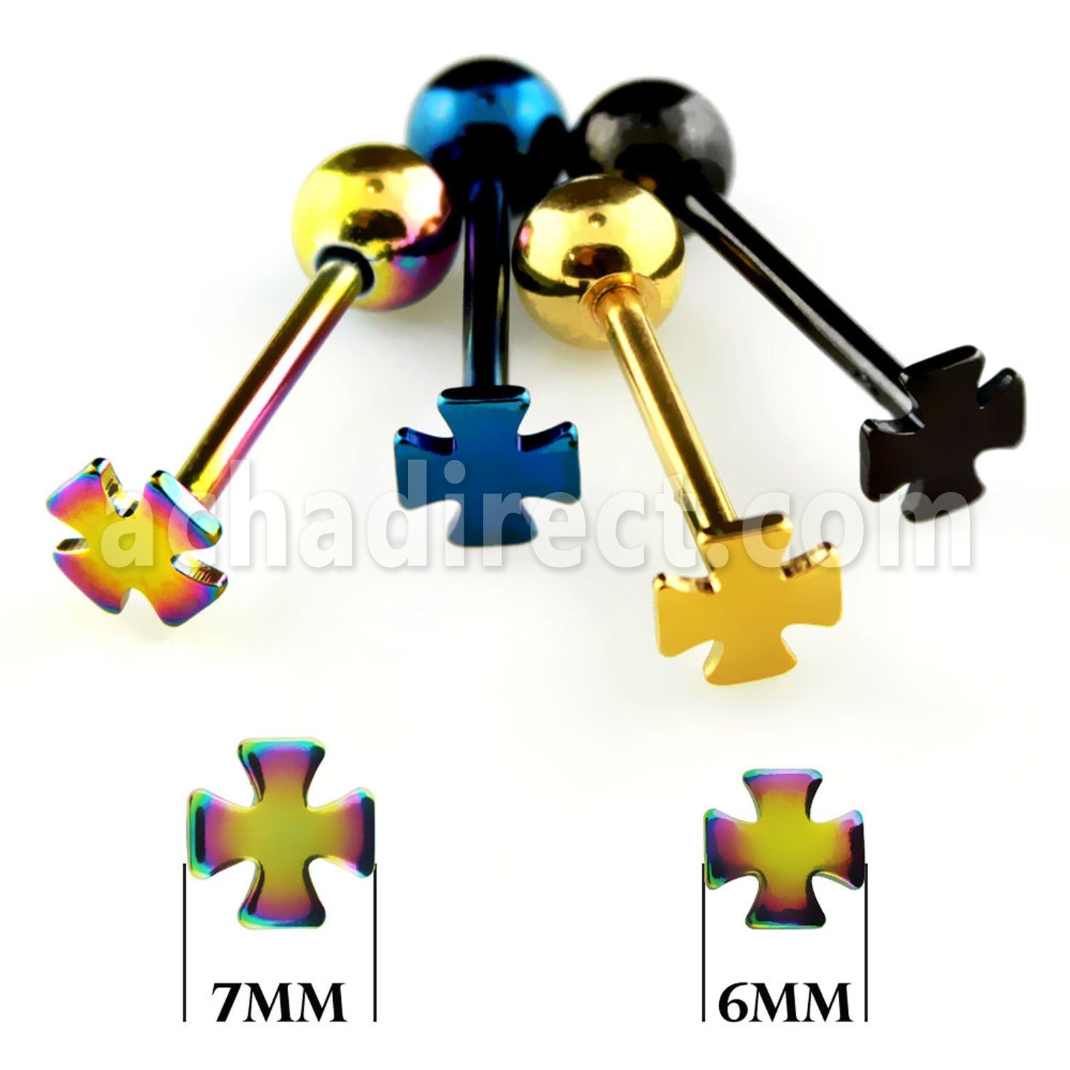 bbtcr anodized 316l steel tongue barbell w cross top ball