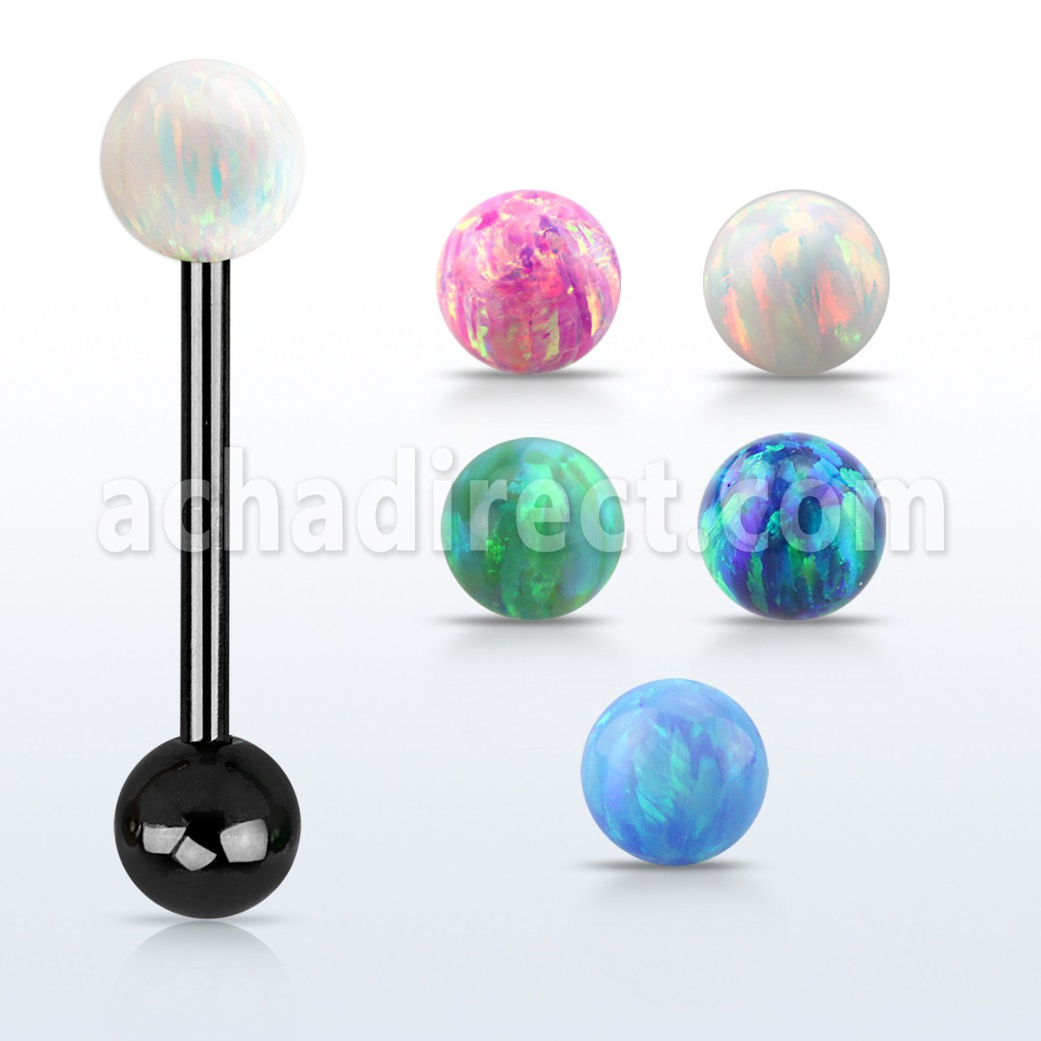 bbtop6 anodized 316l tongue barbell w a 6mm synthetic opal ball